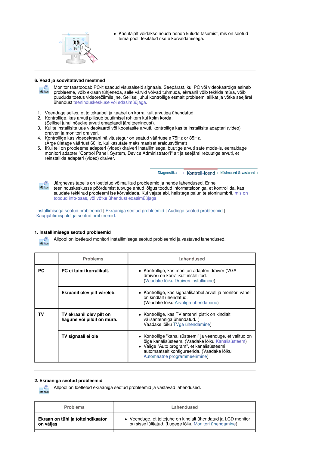 Samsung MH17FSSSU/EDC manual Vead ja soovitatavad meetmed, Installimisega seotud probleemid, PC ei toimi korralikult 