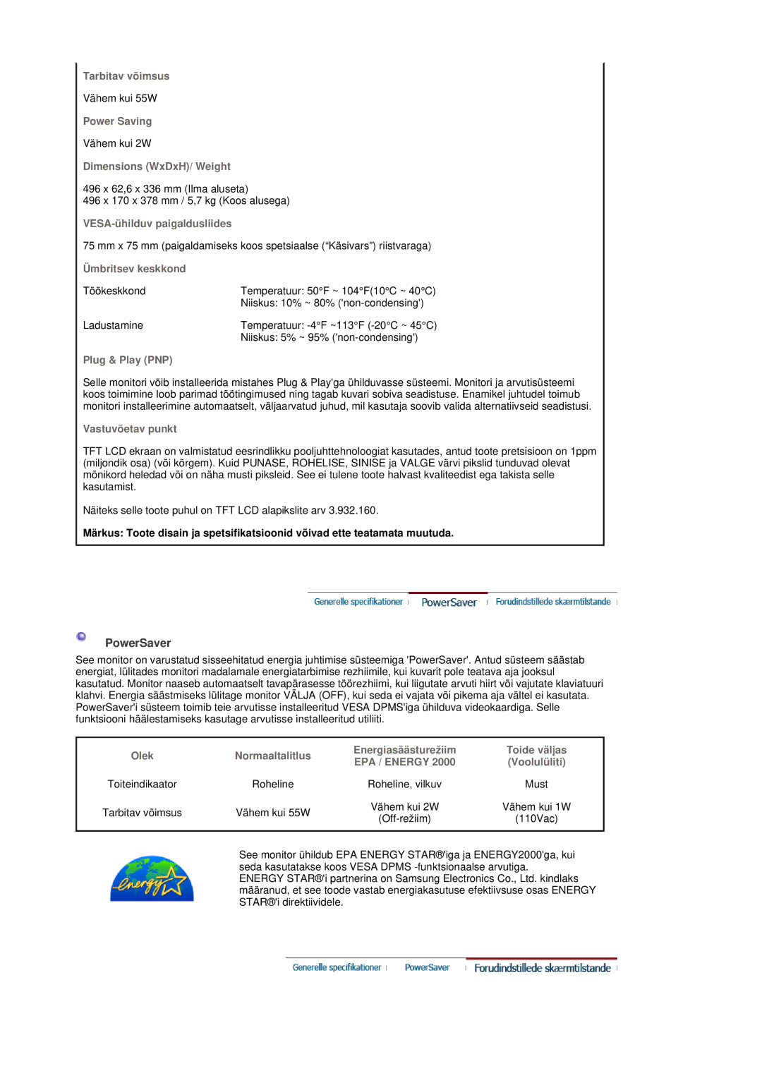 Samsung MH17FSSSU/EDC manual PowerSaver, Ümbritsev keskkond 