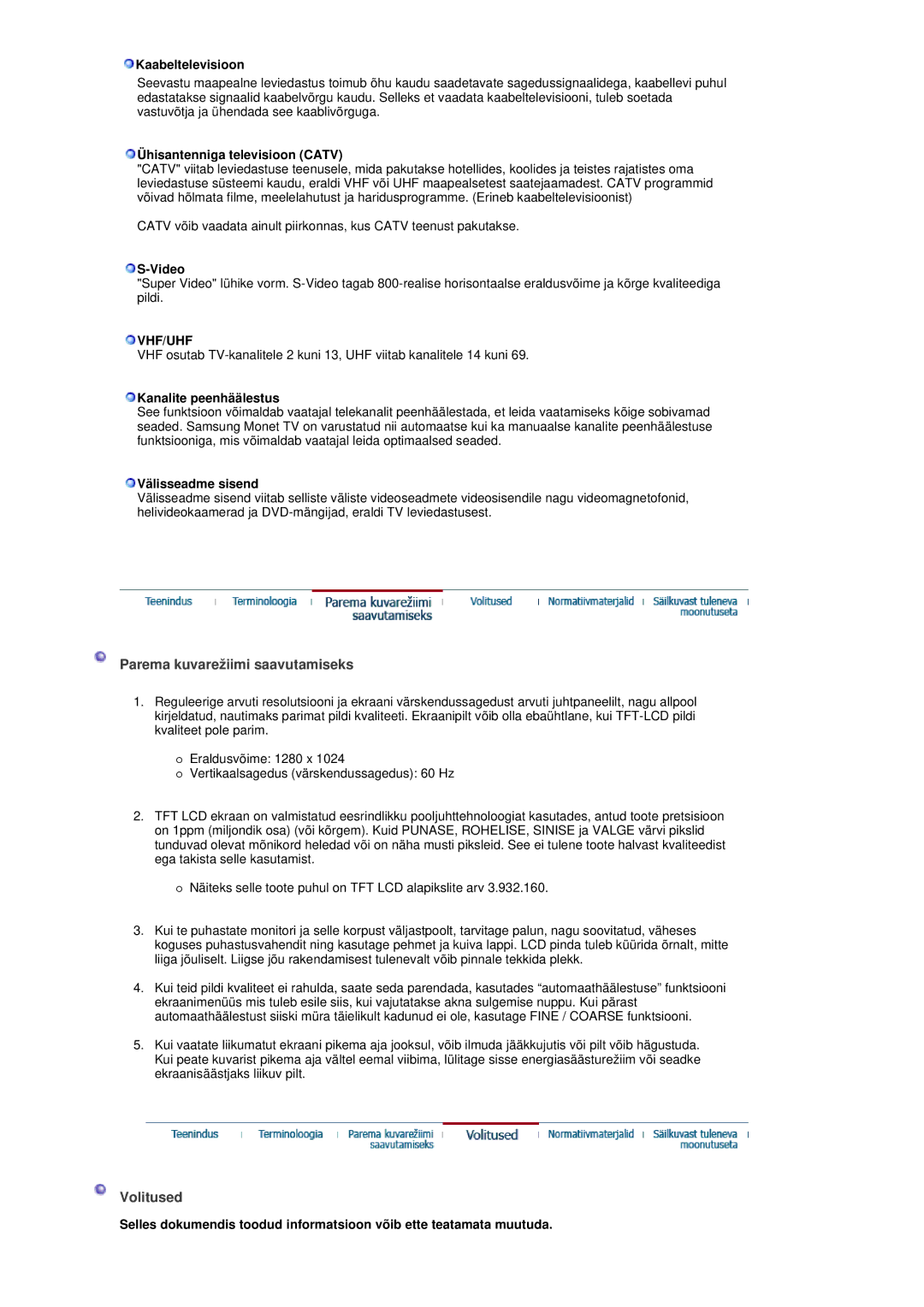 Samsung MH17FSSSU/EDC manual Parema kuvarežiimi saavutamiseks, Volitused, Vhf/Uhf 