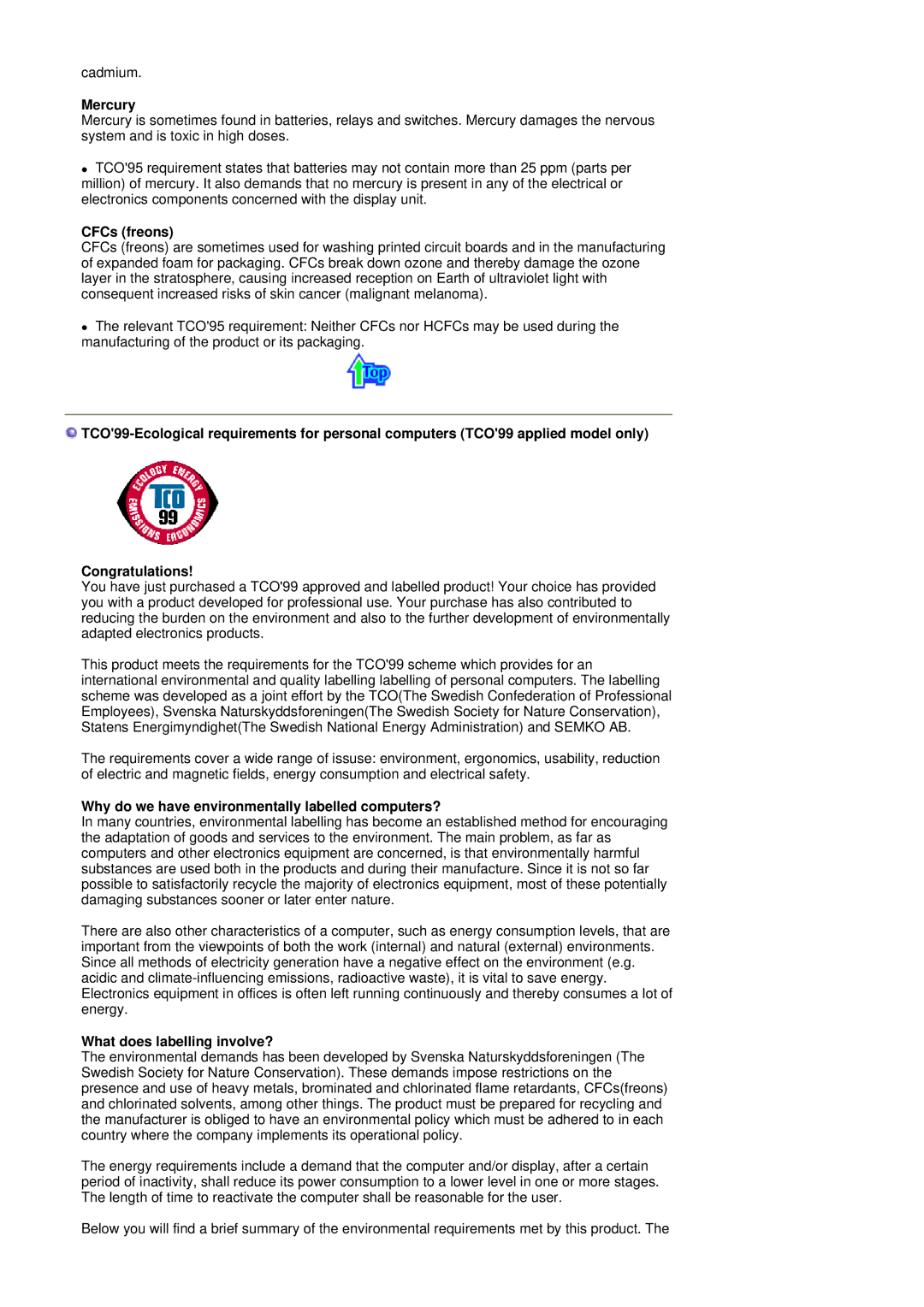 Samsung MH17FSSSU/EDC manual Mercury, CFCs freons, Why do we have environmentally labelled computers? 