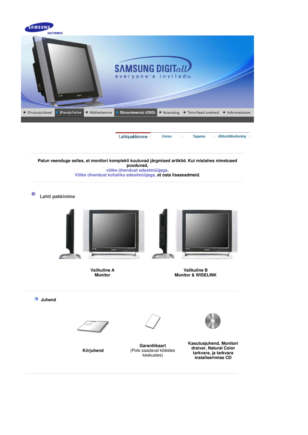 Samsung MH17FSSSU/EDC manual Lahti pakkimine, Monitor & Wiselink, Juhend, Kiirjuhend Pole saadaval kõikides, Keskustes 