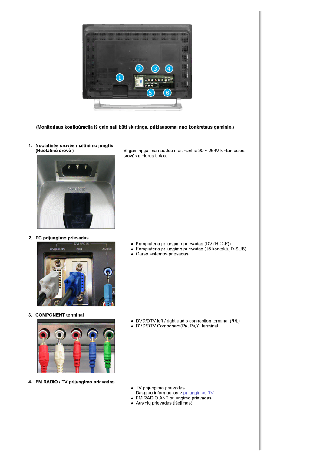 Samsung MH17FSSSU/EDC manual PC prijungimo prievadas, Component terminal, FM Radio / TV prijungimo prievadas 