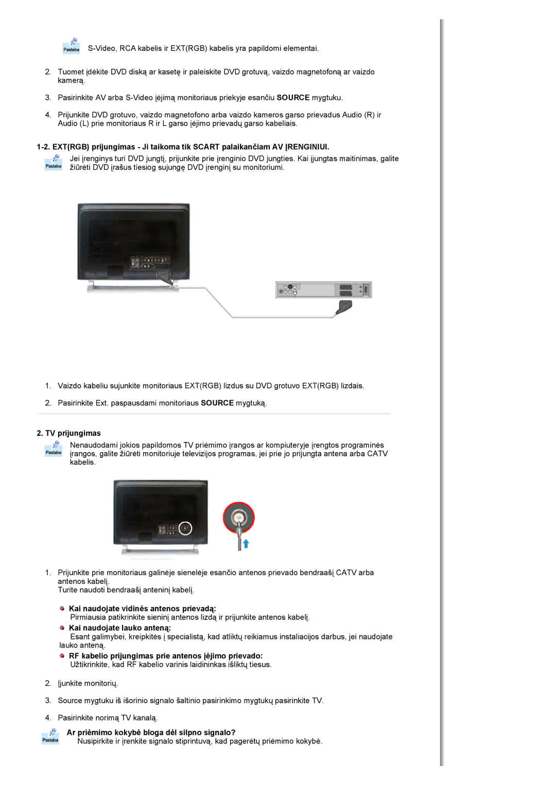 Samsung MH17FSSSU/EDC manual TV prijungimas, Kai naudojate vidinės antenos prievadą, Kai naudojate lauko anteną 