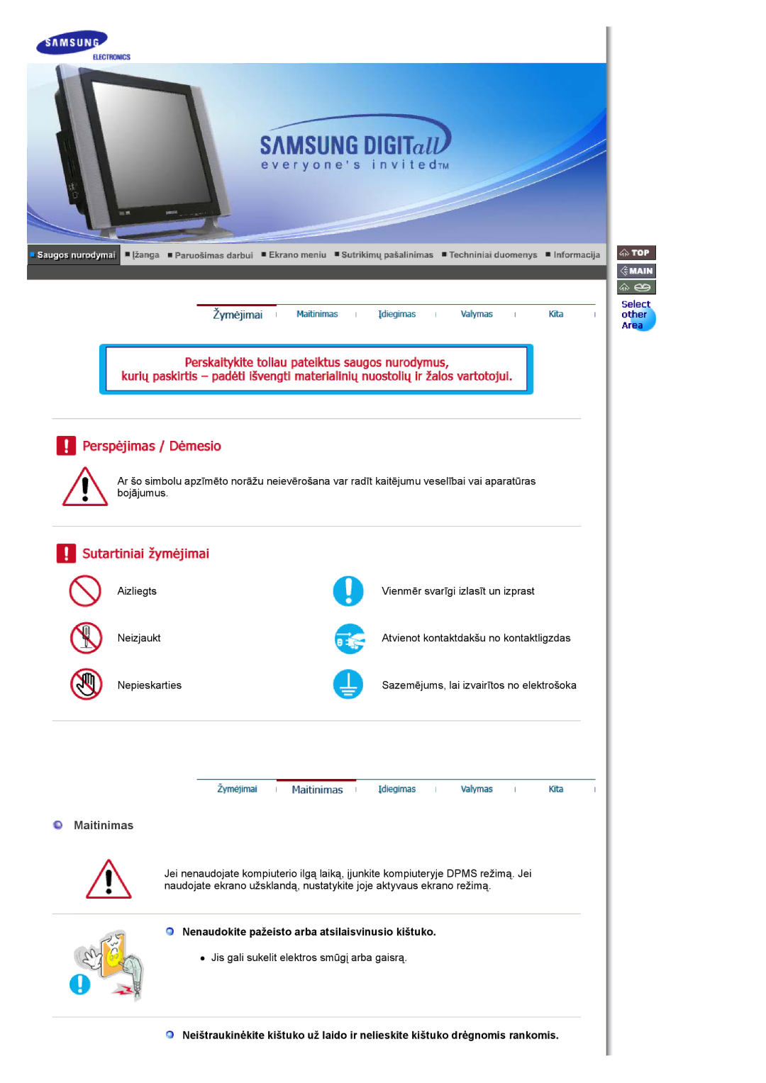 Samsung MH17FSSSU/EDC manual Maitinimas, Nenaudokite pažeisto arba atsilaisvinusio kištuko 