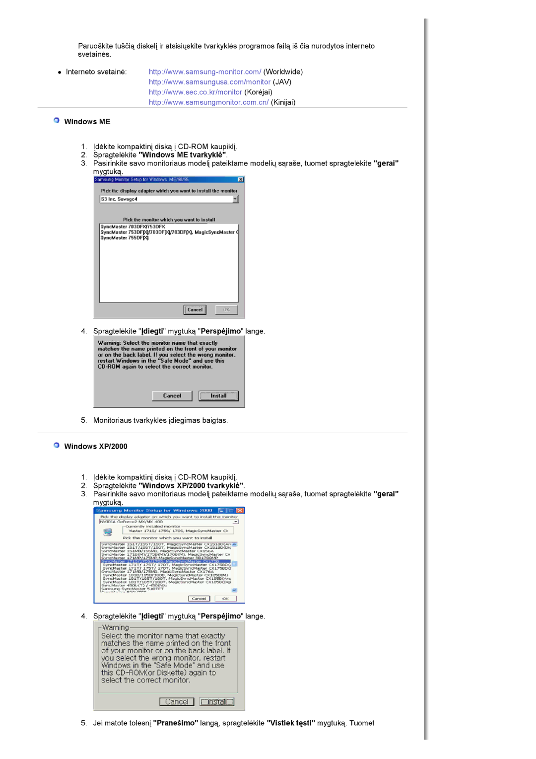 Samsung MH17FSSSU/EDC manual Spragtelėkite Windows ME tvarkyklė, Spragtelėkite Windows XP/2000 tvarkyklė 