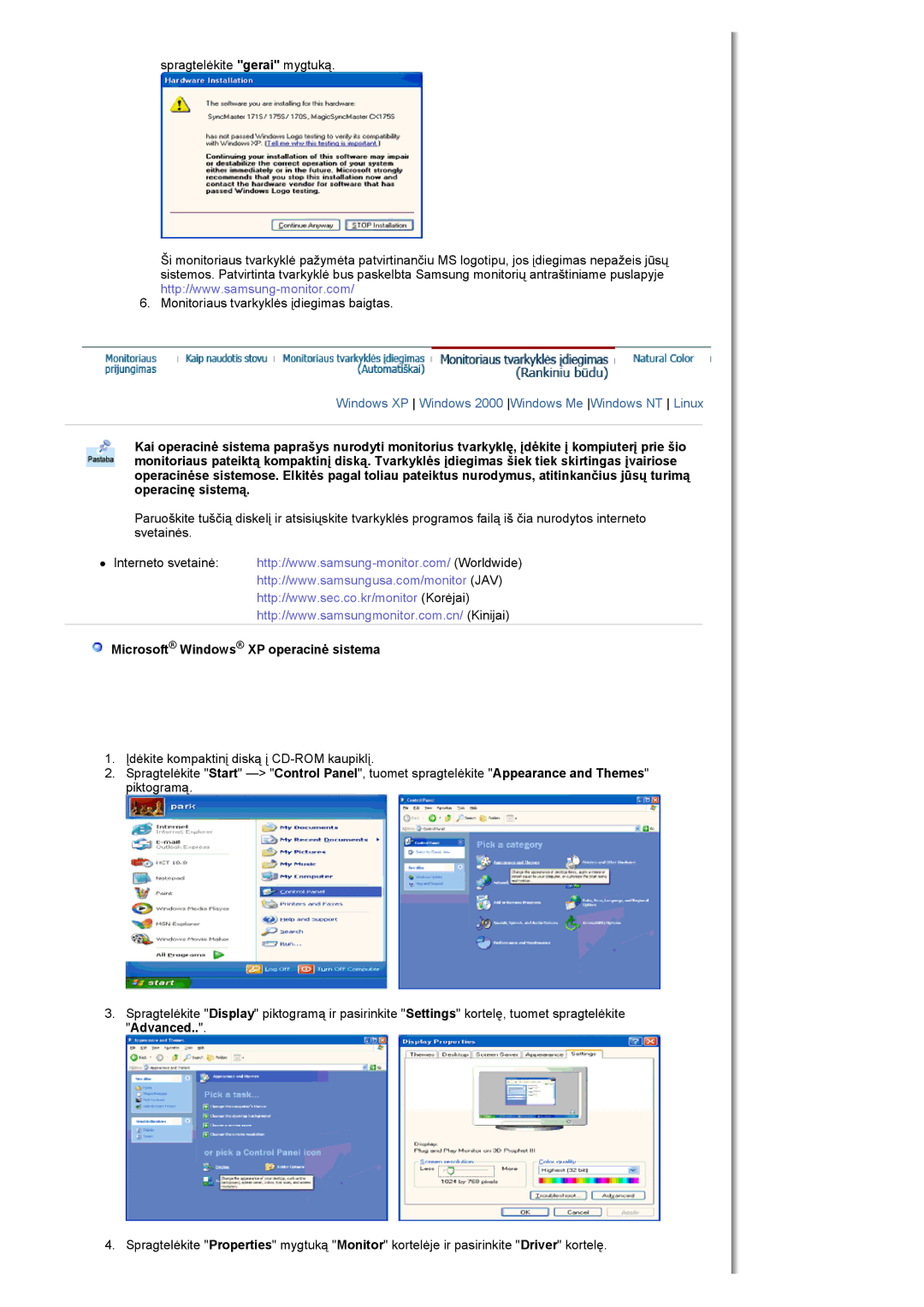 Samsung MH17FSSSU/EDC manual Microsoft Windows XP operacinė sistema 