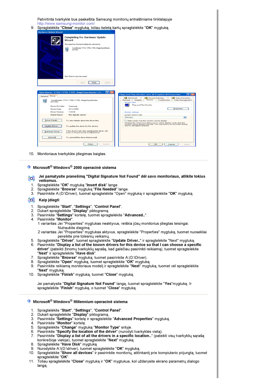 Samsung MH17FSSSU/EDC manual Kaip įdiegti Spragtelėkite Start, Settings, Control Panel 