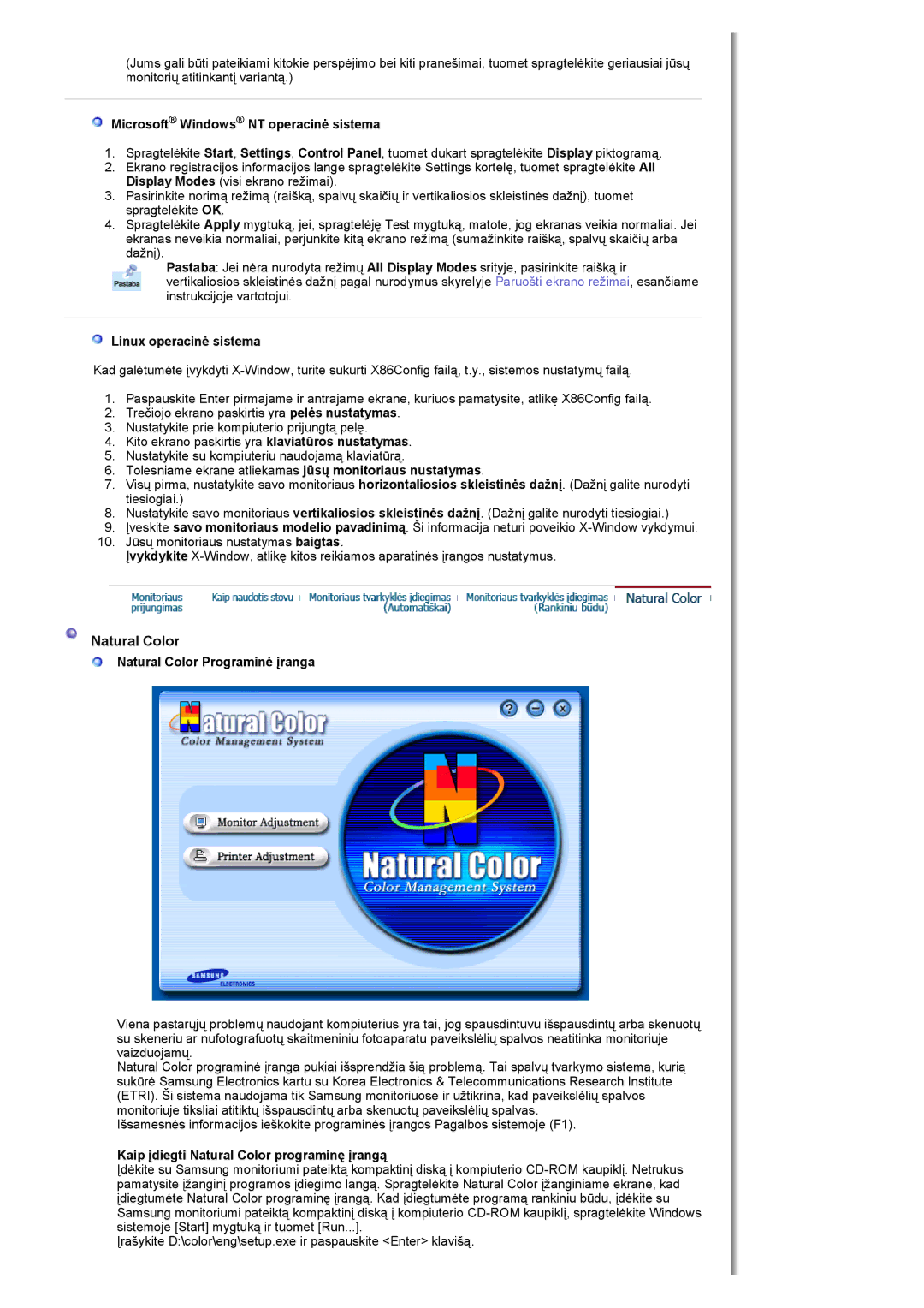 Samsung MH17FSSSU/EDC manual Natural Color, Microsoft Windows NT operacinė sistema, Linux operacinė sistema 