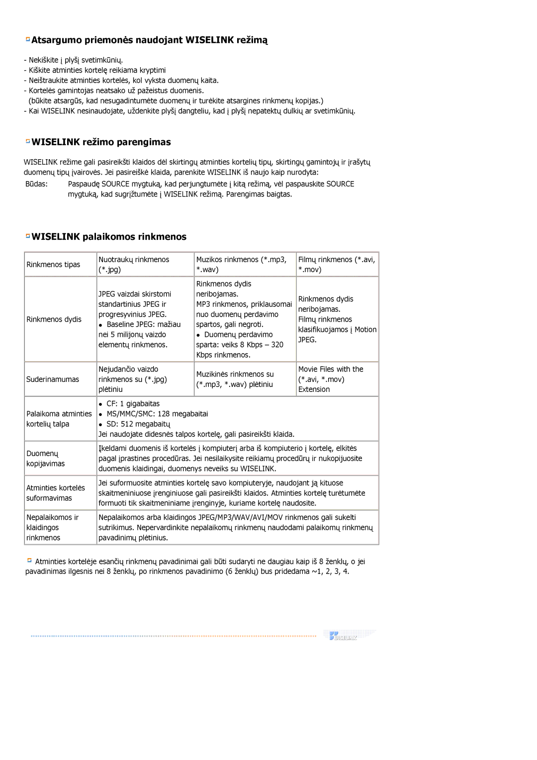 Samsung MH17FSSSU/EDC manual Atsargumo priemonės naudojant Wiselink režimą 