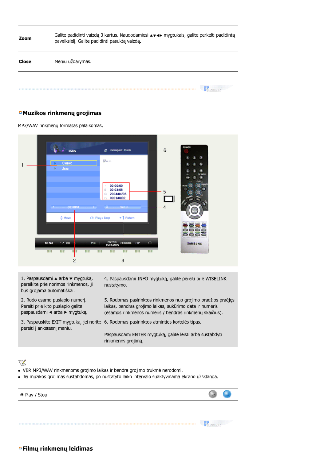 Samsung MH17FSSSU/EDC manual Muzikos rinkmenų grojimas 