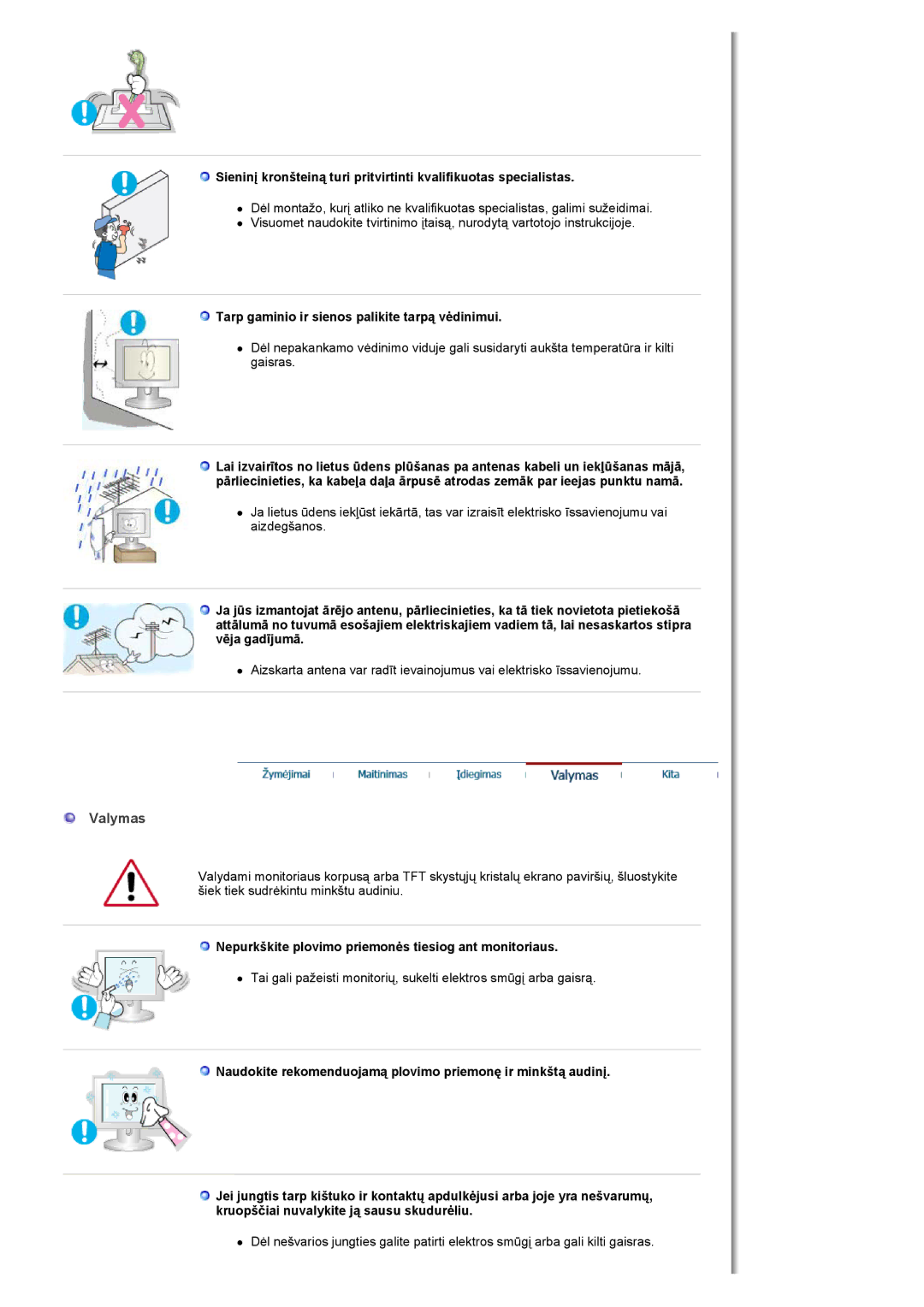 Samsung MH17FSSSU/EDC manual Valymas, Tarp gaminio ir sienos palikite tarpą vėdinimui 