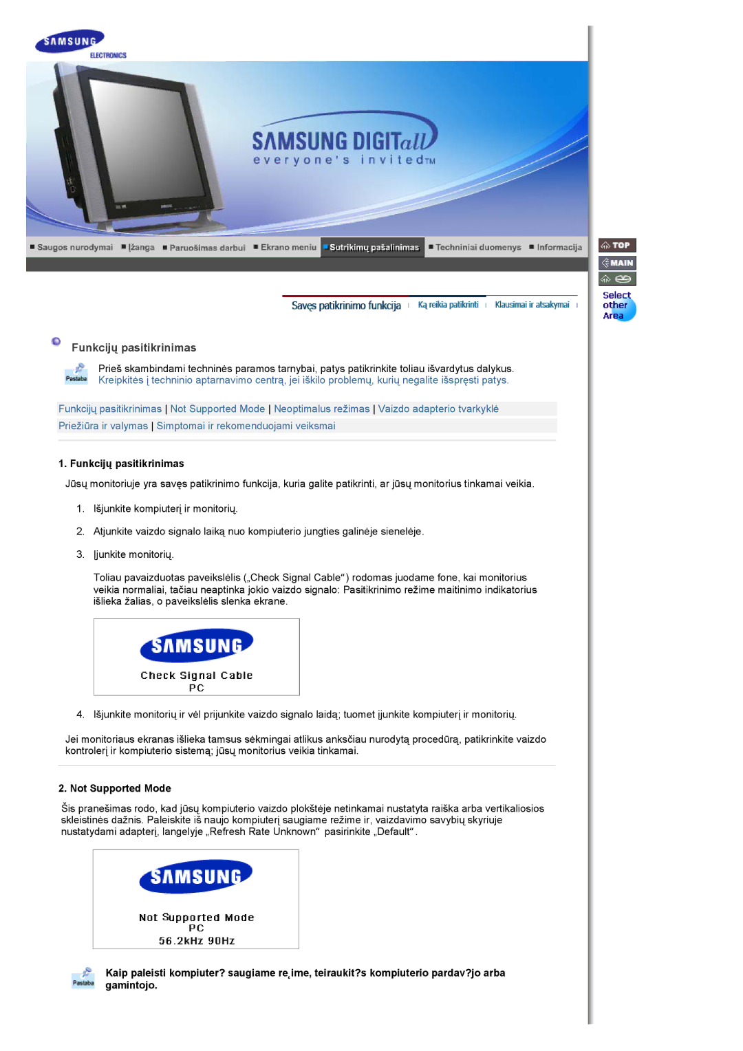 Samsung MH17FSSSU/EDC manual Funkcijų pasitikrinimas, Not Supported Mode 