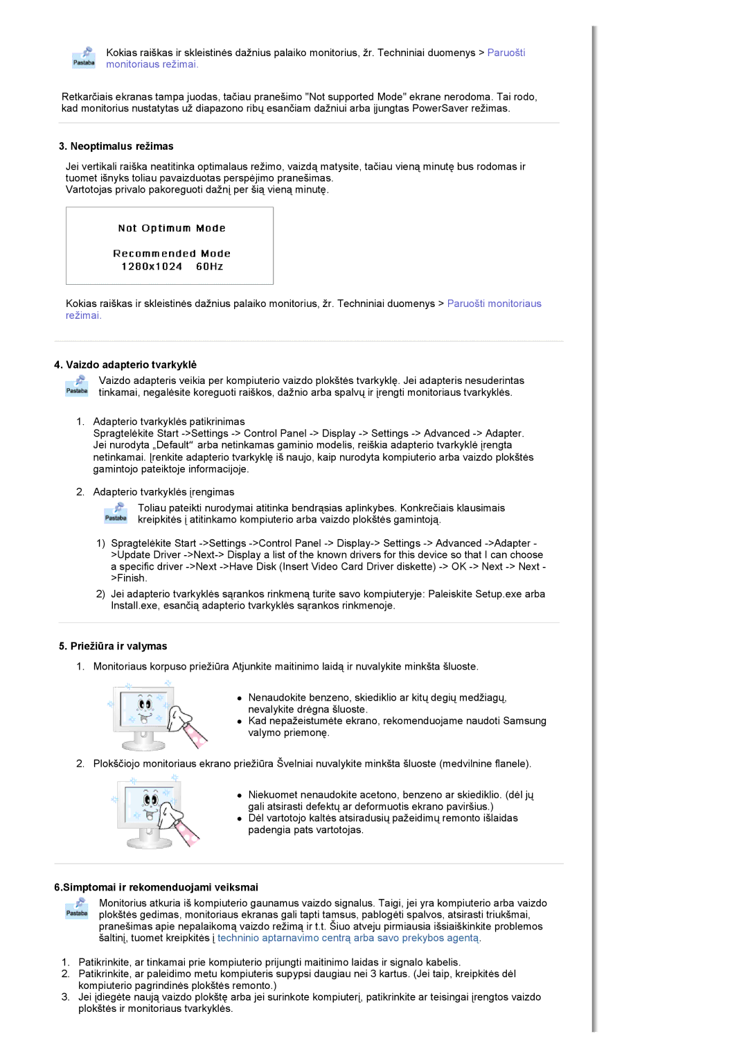 Samsung MH17FSSSU/EDC manual Neoptimalus režimas, Vaizdo adapterio tvarkyklė, Priežiūra ir valymas 