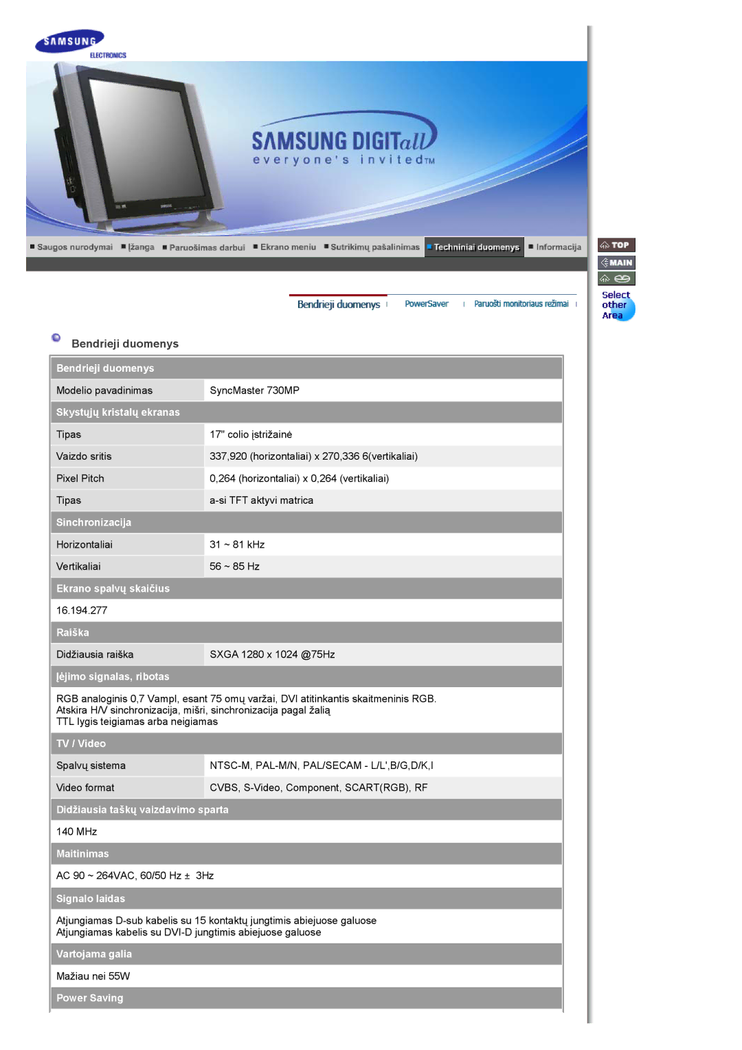 Samsung MH17FSSSU/EDC manual Bendrieji duomenys, Skystųjų kristalų ekranas 