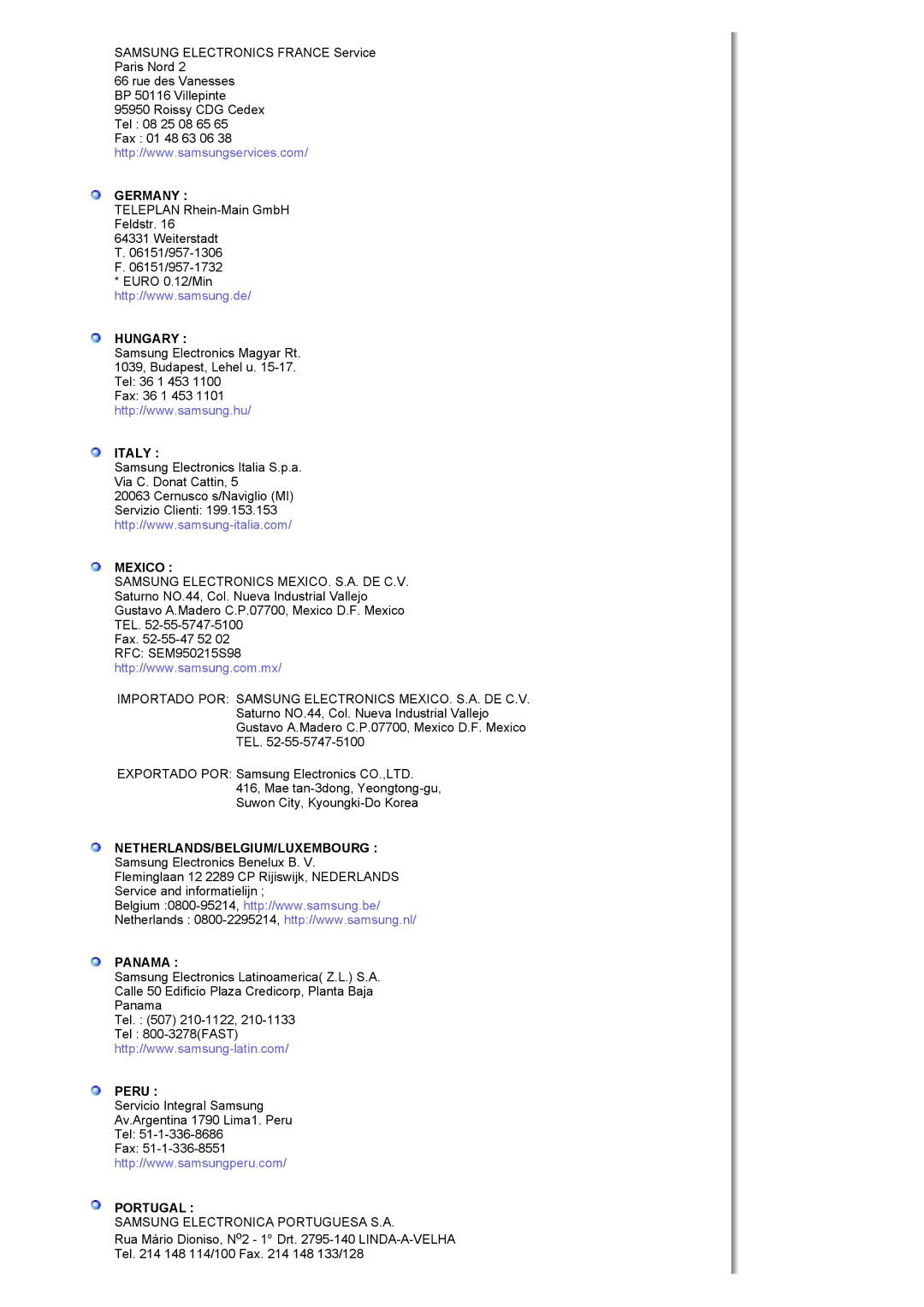 Samsung MH17FSSSU/EDC manual Germany, Hungary, Italy, Mexico, Netherlands/Belgium/Luxembourg, Panama, Peru, Portugal 