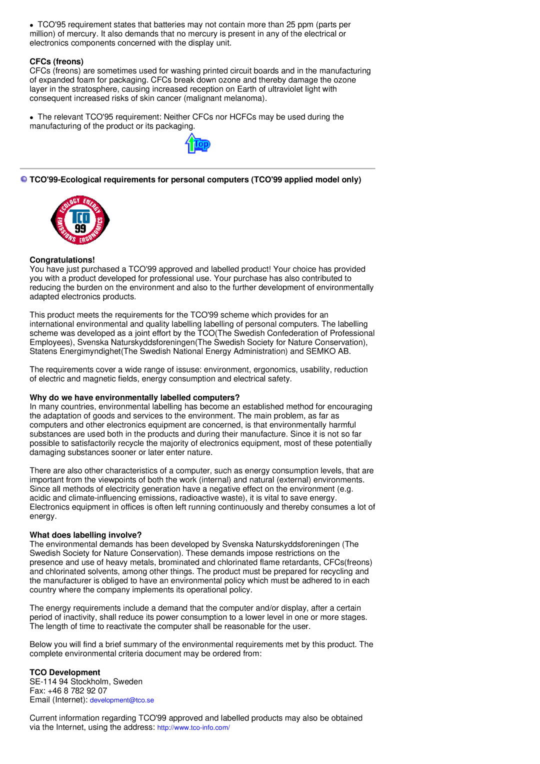 Samsung MH17FSSSU/EDC manual CFCs freons, Why do we have environmentally labelled computers?, TCO Development 