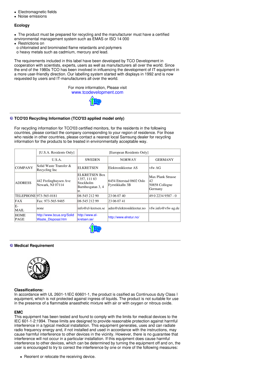 Samsung MH17FSSSU/EDC Ecology, TCO03 Recycling Information TCO03 applied model only, Medical Requirement Classifications 