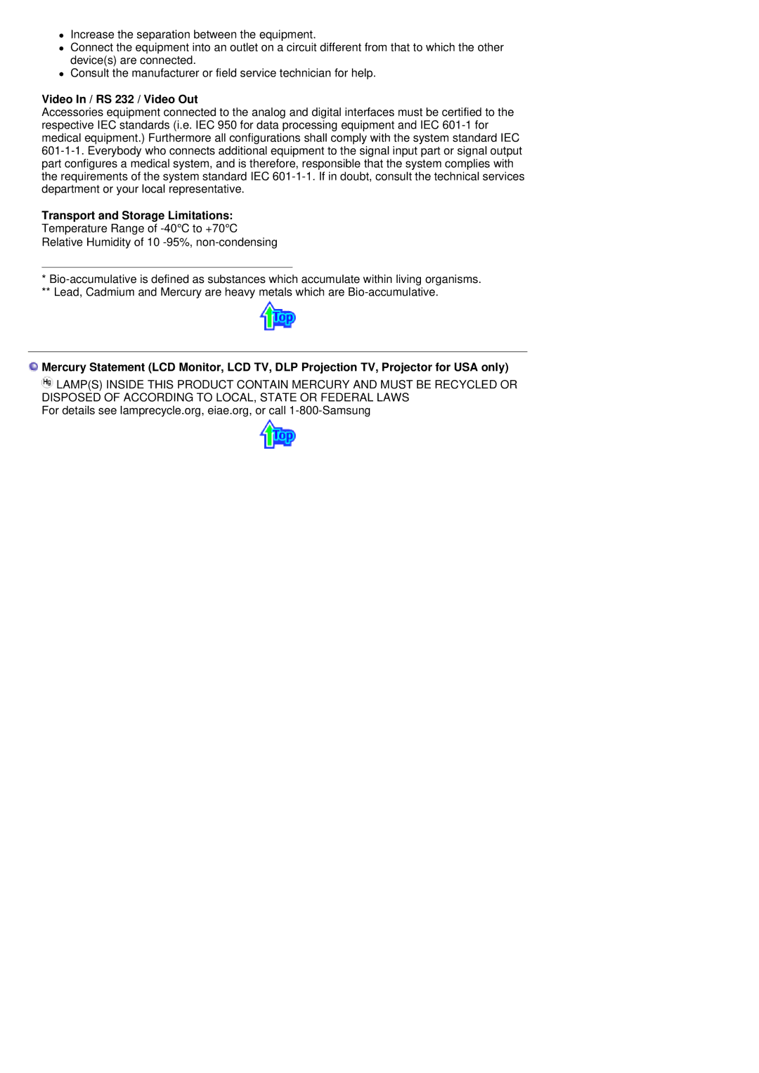 Samsung MH17FSSSU/EDC manual Video In / RS 232 / Video Out, Transport and Storage Limitations 