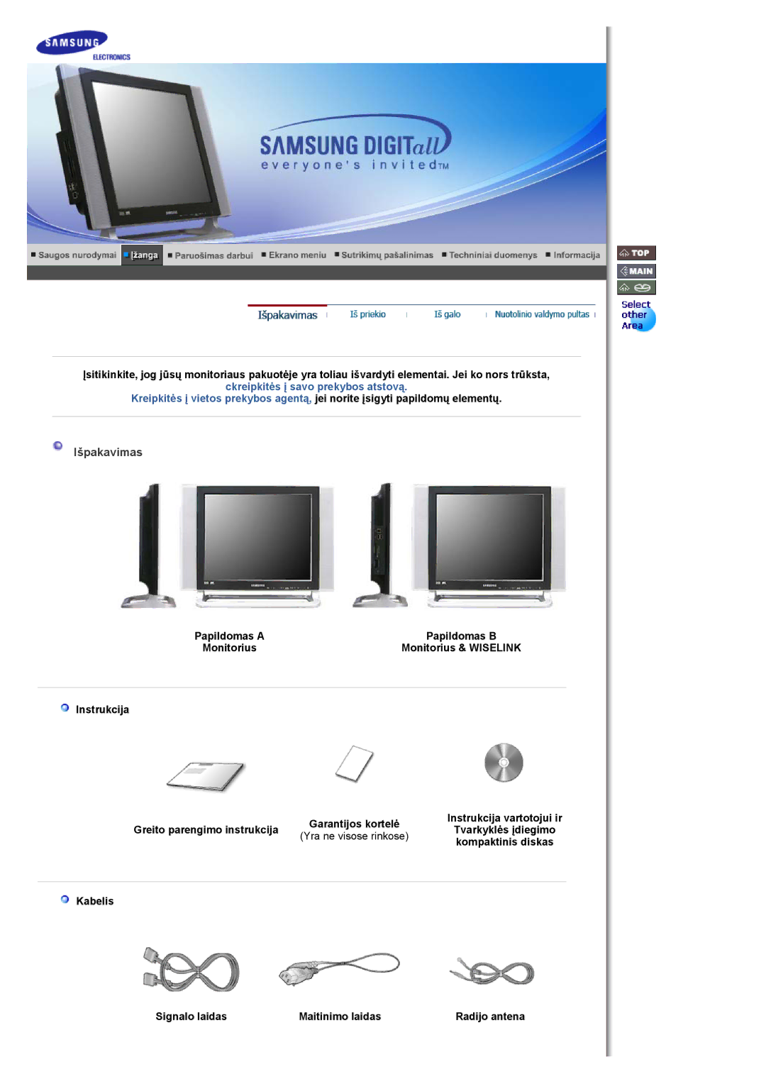 Samsung MH17FSSSU/EDC manual Išpakavimas, Monitorius & Wiselink, Instrukcija, Greito parengimo instrukcija 