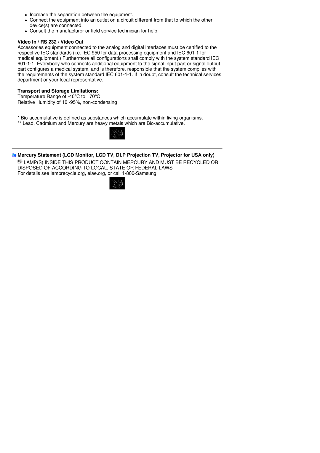 Samsung MH17FSSSU/EDC manual Video In / RS 232 / Video Out, Transport and Storage Limitations 