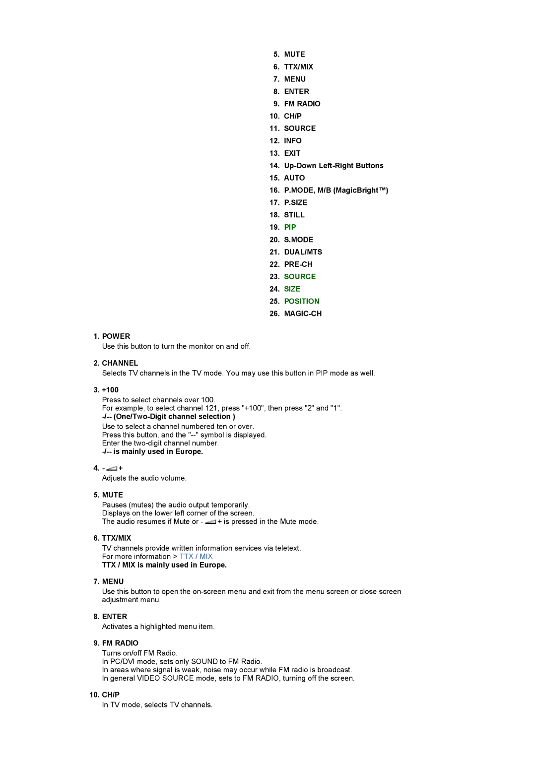 Samsung MH17FSSSU/EDC Sizeinfo Positionexit, Still, Mode, Dual/Mts, Pre-Ch, Magic-Ch, Power Mute, FM Radio Mute, Auto 