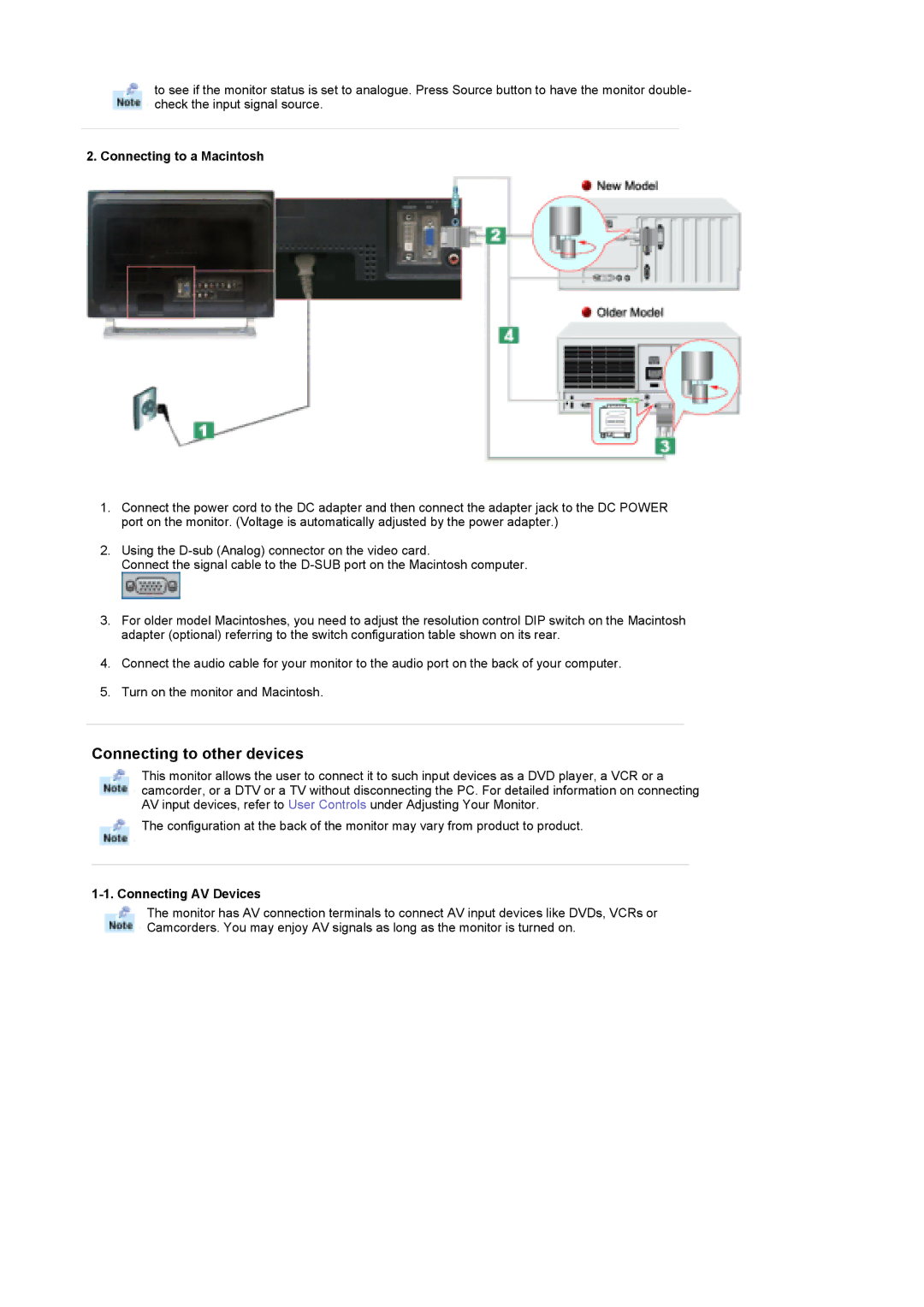 Samsung MH17FSSS/XSG, MH17FSSSU/XSJ, LS17MHFSSY/XSJ, MH17FSSSA/XSJ manual Connecting to a Macintosh, Connecting AV Devices 