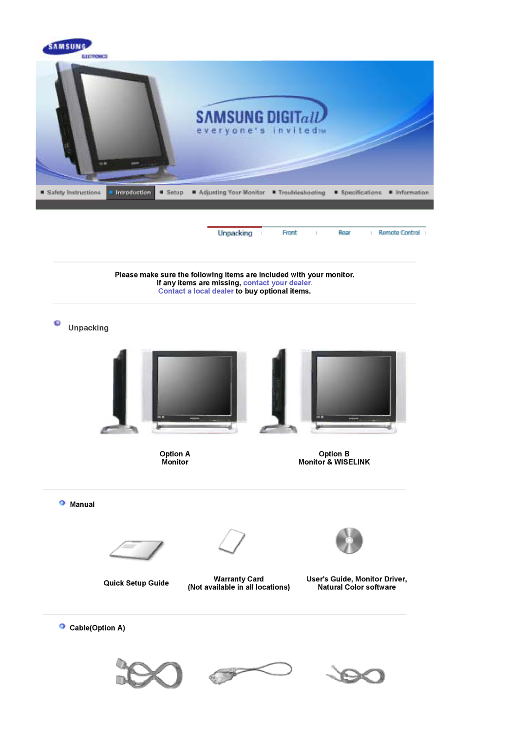 Samsung MH17FSSSU/ILC, MH17FSSSU/XSJ manual Unpacking, Option B, Monitor & Wiselink, Manual Quick Setup Guide, CableOption a 