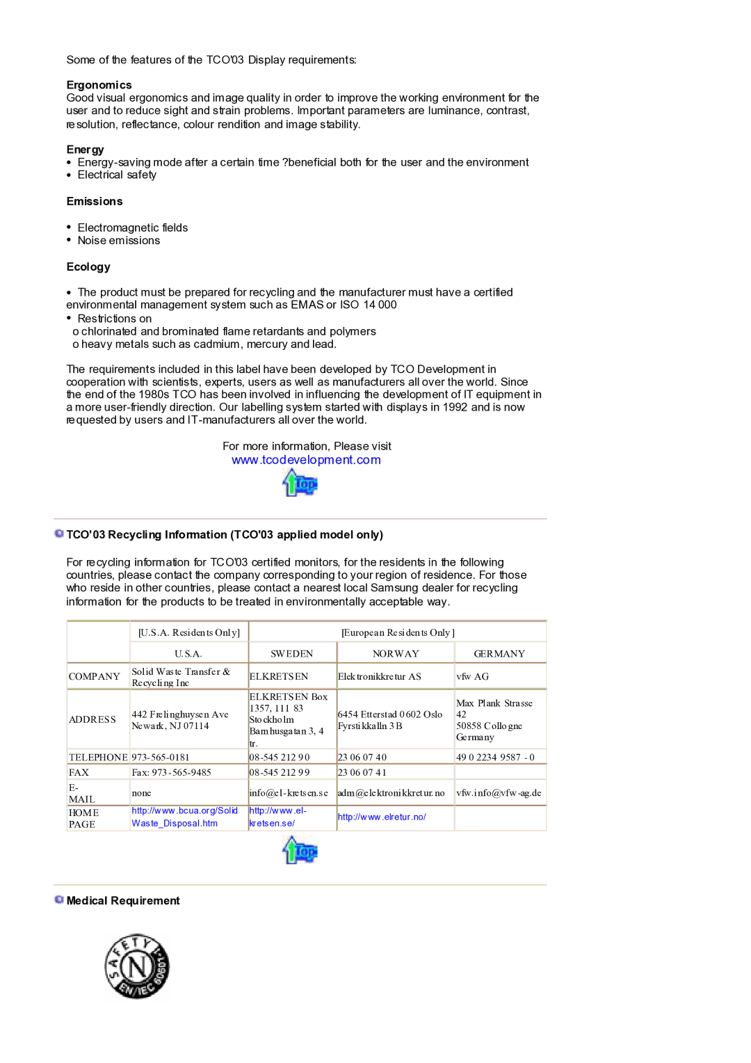 Samsung MH17FSSSA/XSJ manual Ergonomics, Energy, Emissions, Ecology, TCO03 Recycling Information TCO03 applied model only 