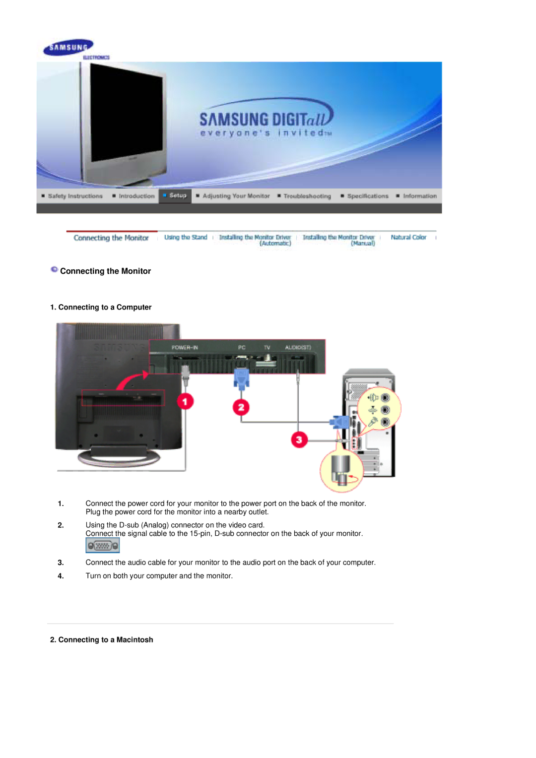 Samsung LS17MHESS/XSG, MH17JSSS/XSJ manual Connecting the Monitor, Connecting to a Computer, Connecting to a Macintosh 