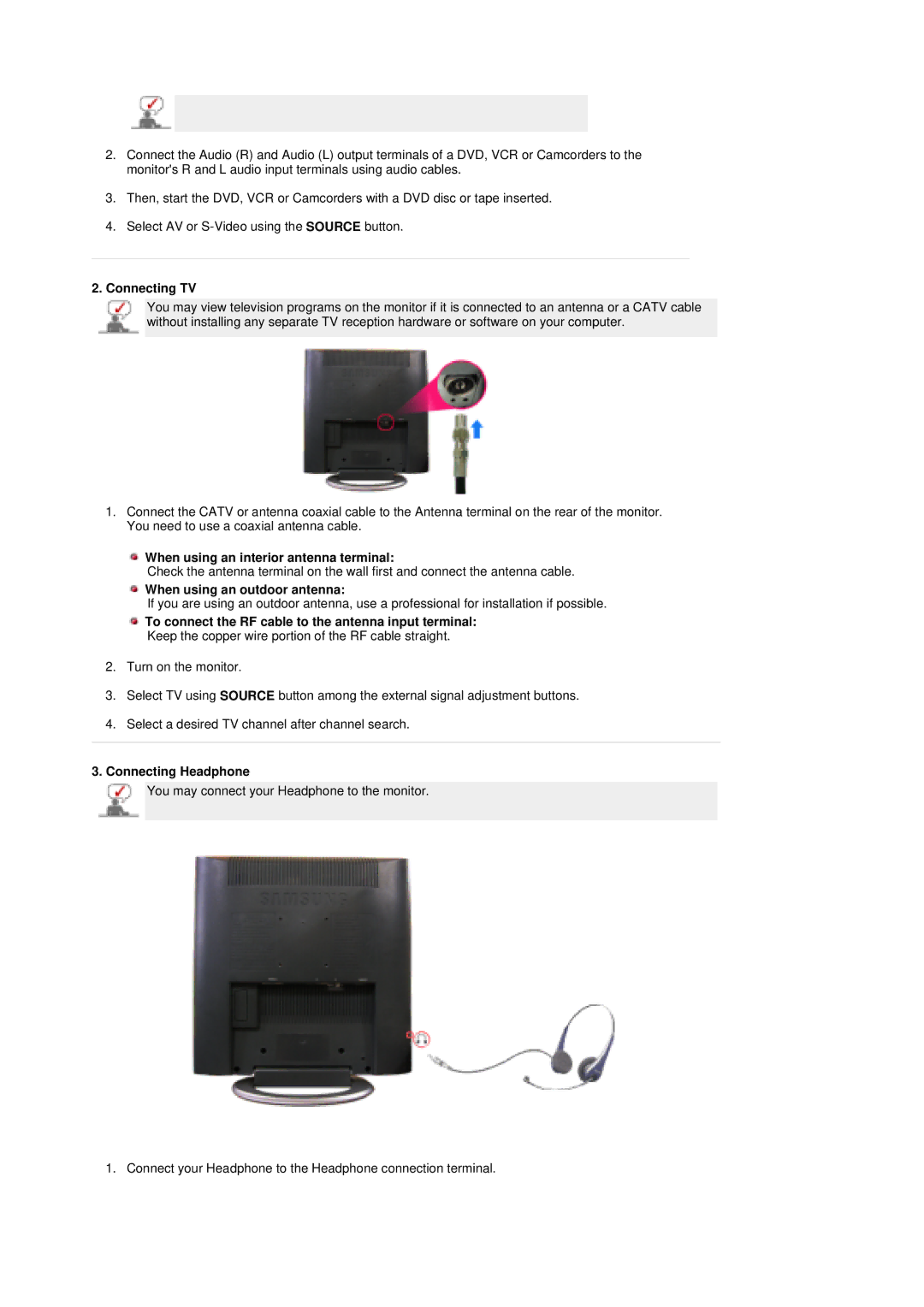 Samsung MH17ASSSY/EDC, MH17JSSS/XSJ Connecting TV, When using an interior antenna terminal, When using an outdoor antenna 