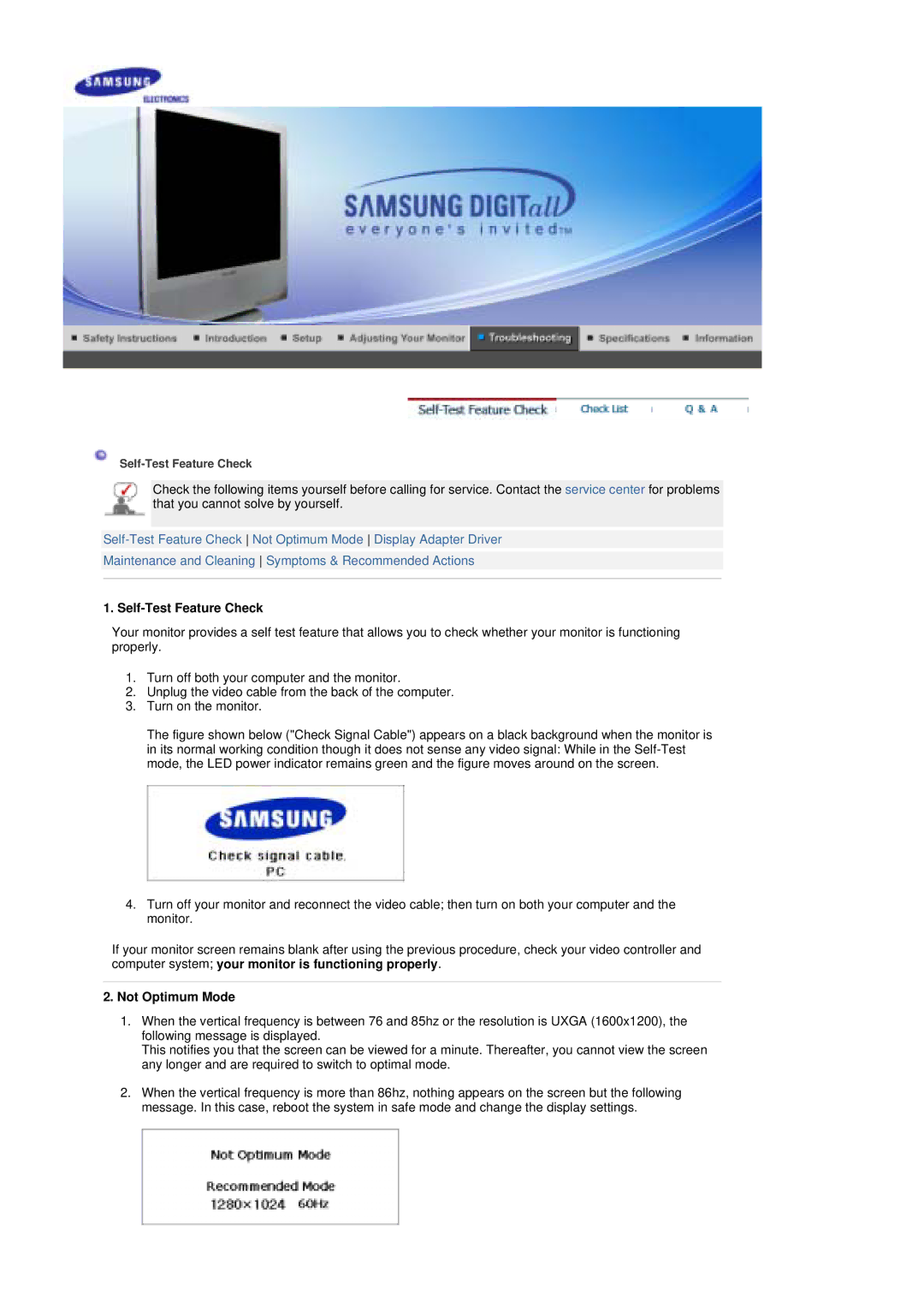 Samsung MH17ASSS/XSG, MH17JSSS/XSJ, LS17MHASSZ/EDC, MH17ASSS/EDC, MH17ASSS/SAI manual Self-Test Feature Check, Not Optimum Mode 