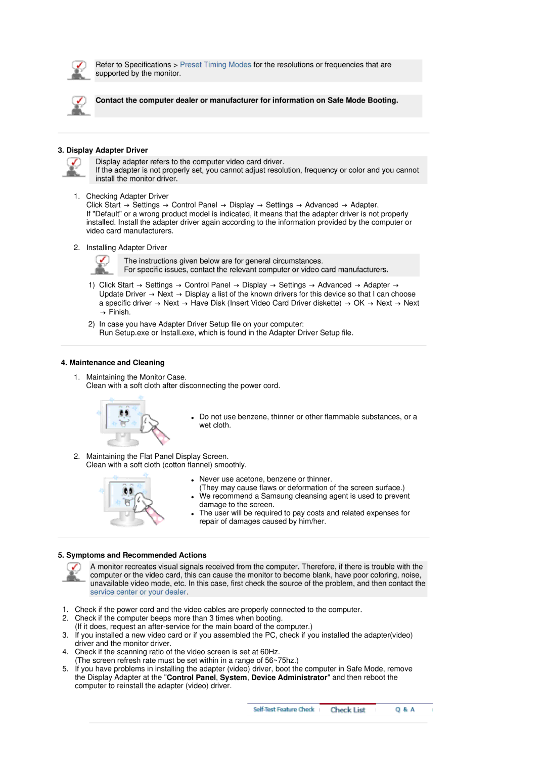 Samsung MH17ASSS/SAI, MH17JSSS/XSJ, LS17MHASSZ/EDC, MH17ASSS/EDC Maintenance and Cleaning, Symptoms and Recommended Actions 