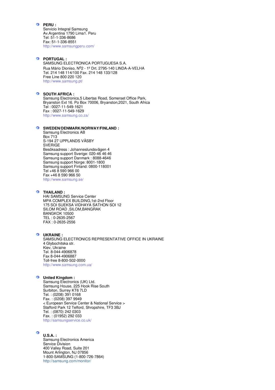 Samsung MH17ASSS/SAI, MH17JSSS/XSJ manual Peru, Portugal, South Africa, Sweden/Denmark/Norway/Finland, Thailand, Ukraine 