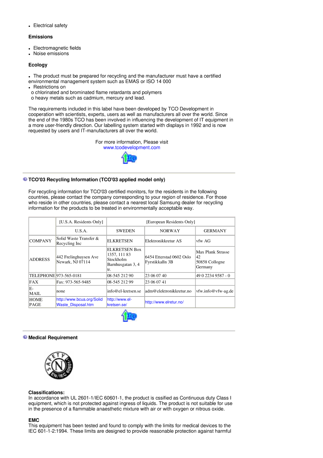 Samsung MH17ASSS/XSG, MH17JSSS/XSJ, LS17MHASSZ/EDC Emissions, Ecology, TCO03 Recycling Information TCO03 applied model only 