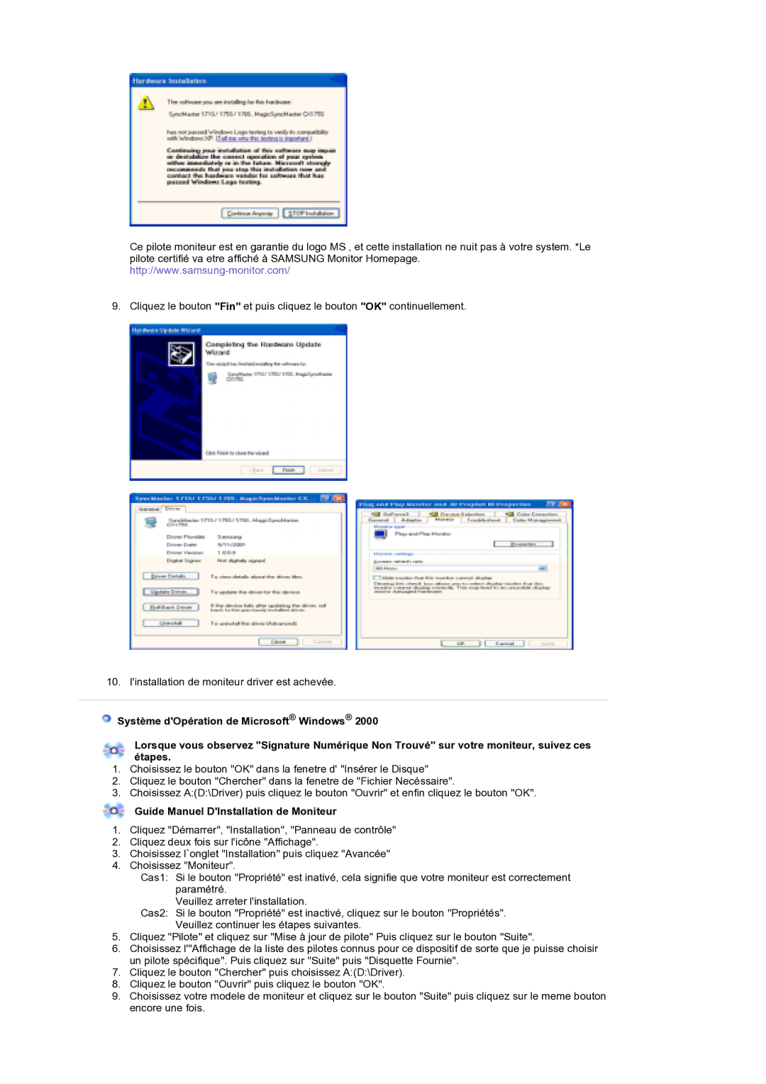 Samsung MH17WSSS/EDC manual Guide Manuel DInstallation de Moniteur 