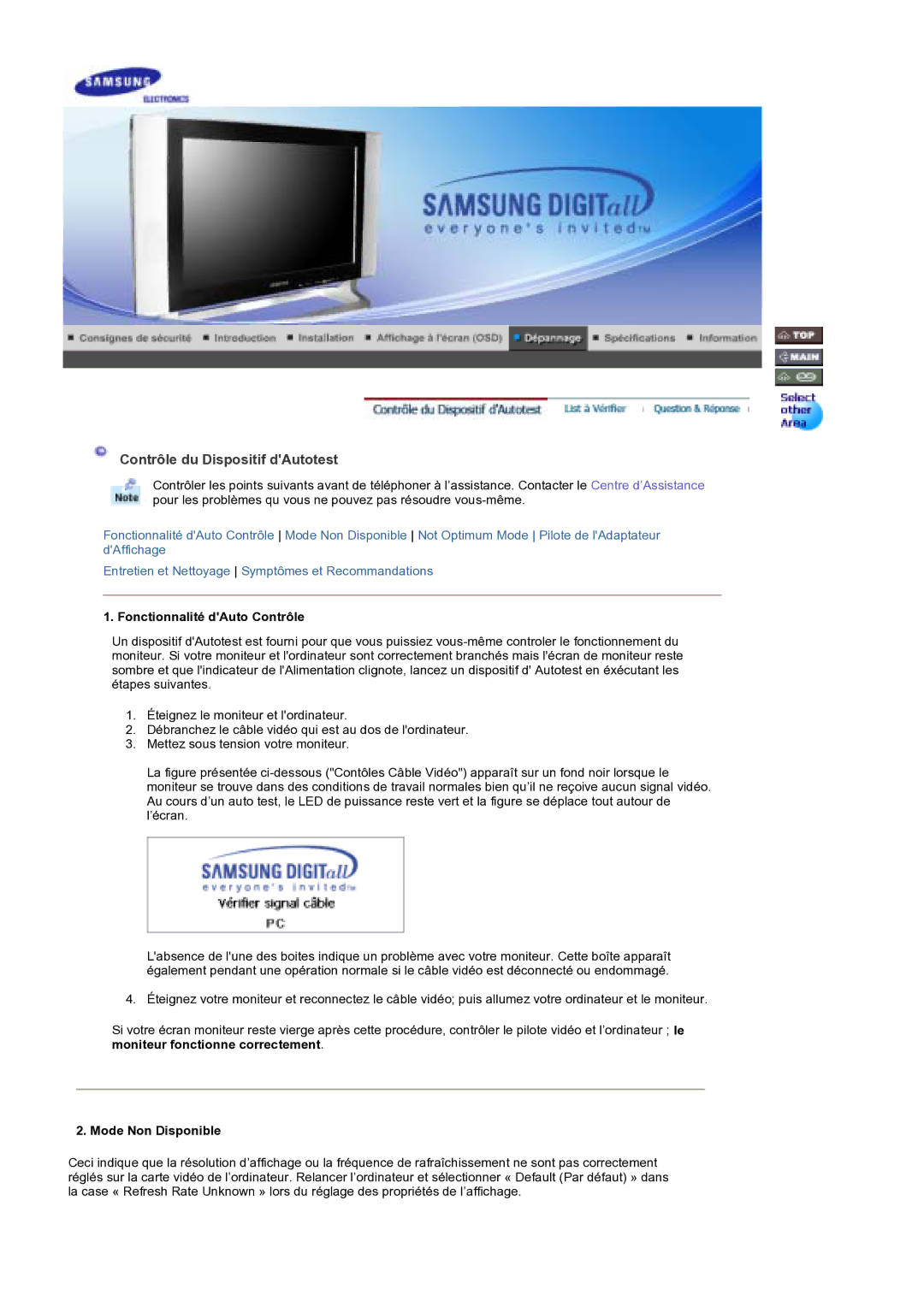 Samsung MH17WSSS/EDC manual Contrôle du Dispositif dAutotest, Fonctionnalité dAuto Contrôle, Mode Non Disponible 