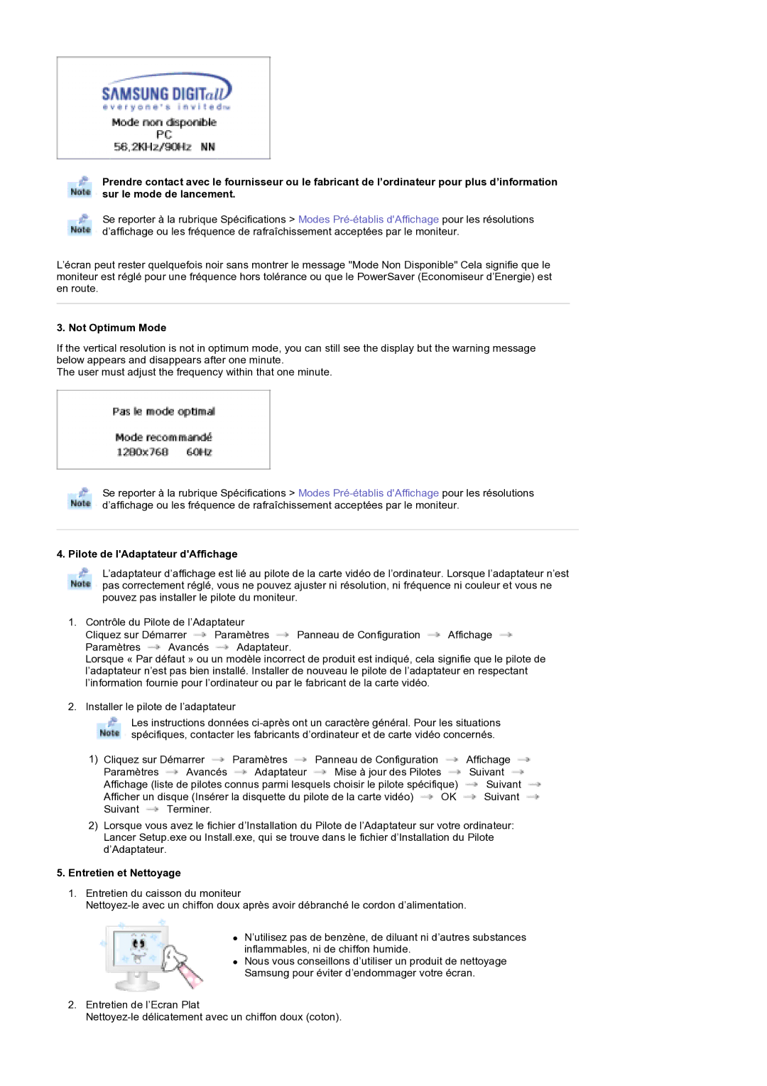 Samsung MH17WSSS/EDC manual Not Optimum Mode, Pilote de lAdaptateur dAffichage, Entretien et Nettoyage 