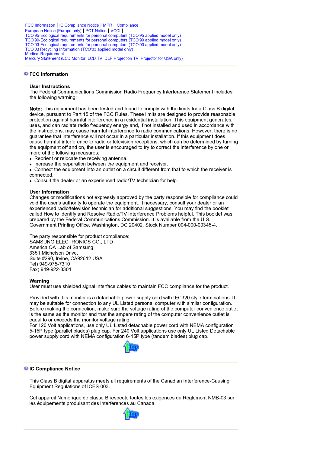 Samsung MH17WSSS/EDC manual FCC Information User Instructions, User Information, IC Compliance Notice 