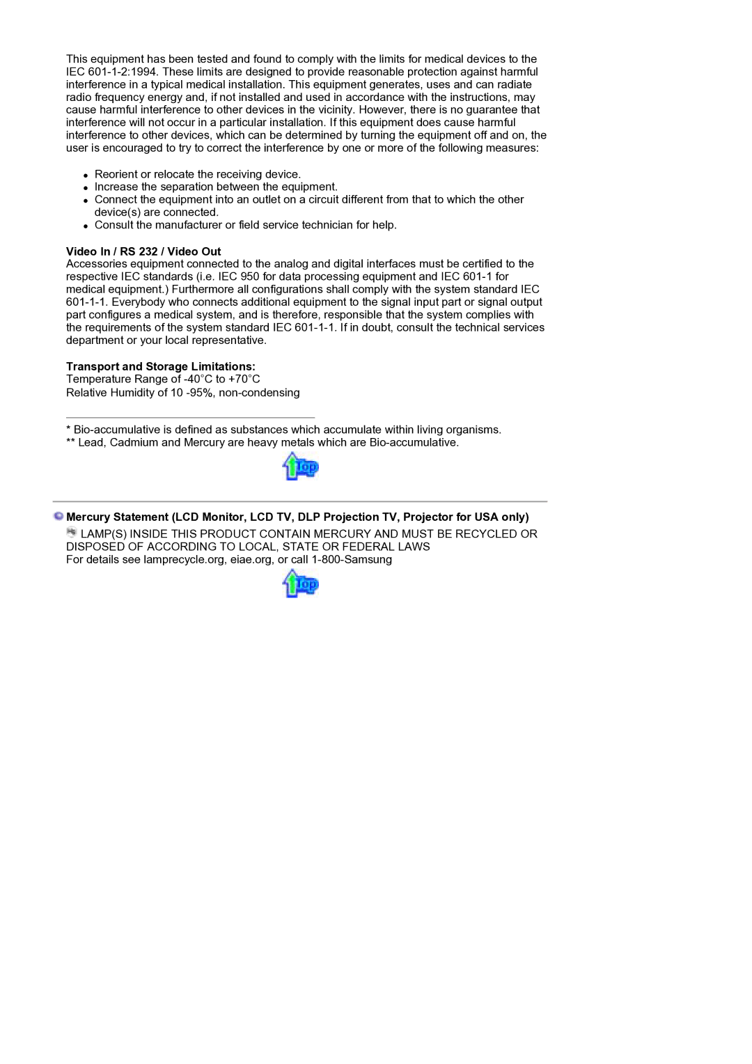 Samsung MH17WSSS/EDC manual Video In / RS 232 / Video Out, Transport and Storage Limitations 