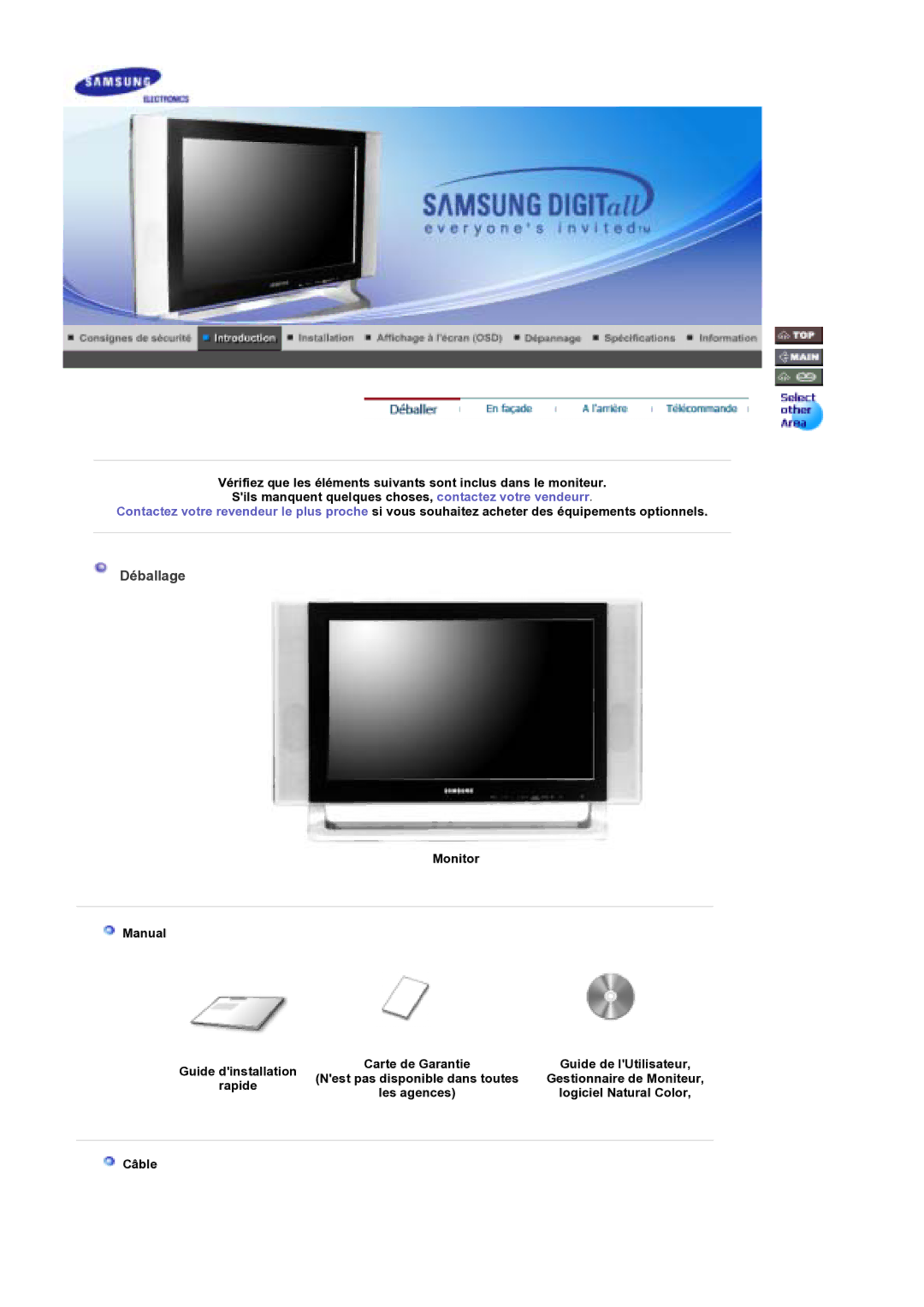 Samsung MH17WSSS/EDC manual Déballage, Monitor Manual, Câble 