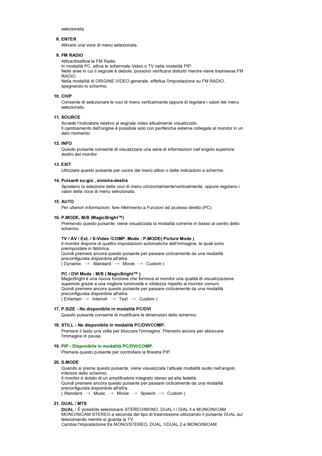 Samsung MH17WSSS/EDC manual Info, TV / AV / Ext. / S-Video /COMP. Mode P.MODE Picture Mode, PC / DVI Mode M/B MagicBright 