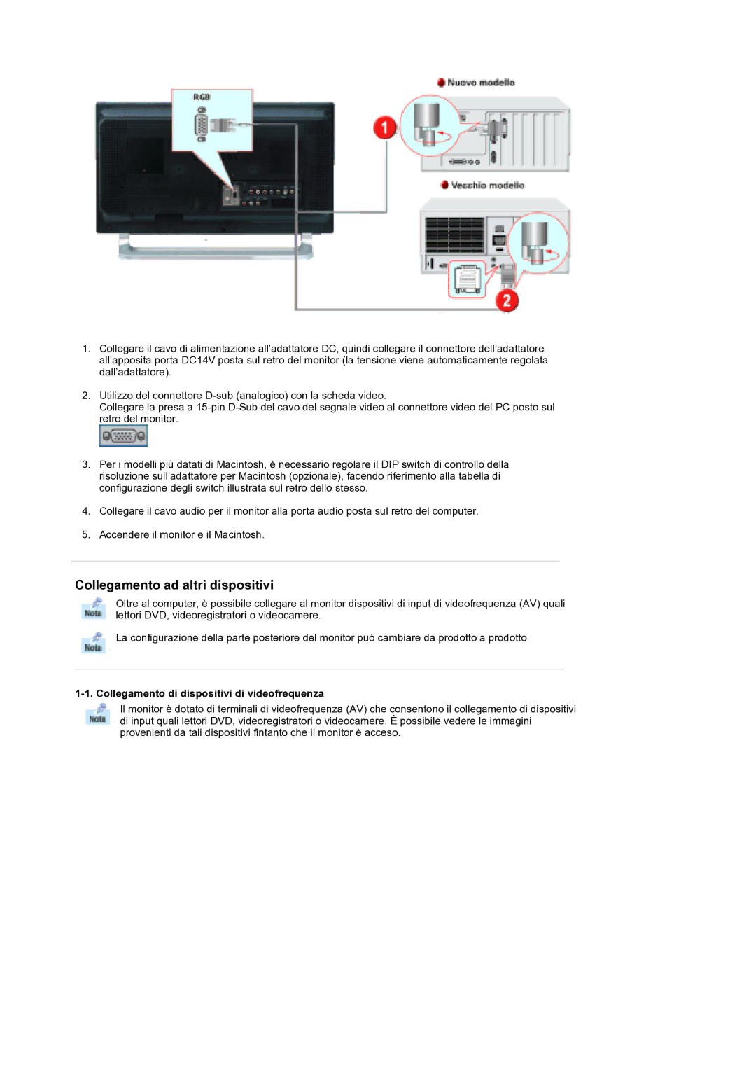 Samsung MH17WSSS/EDC manual Collegamento ad altri dispositivi, Collegamento di dispositivi di videofrequenza 