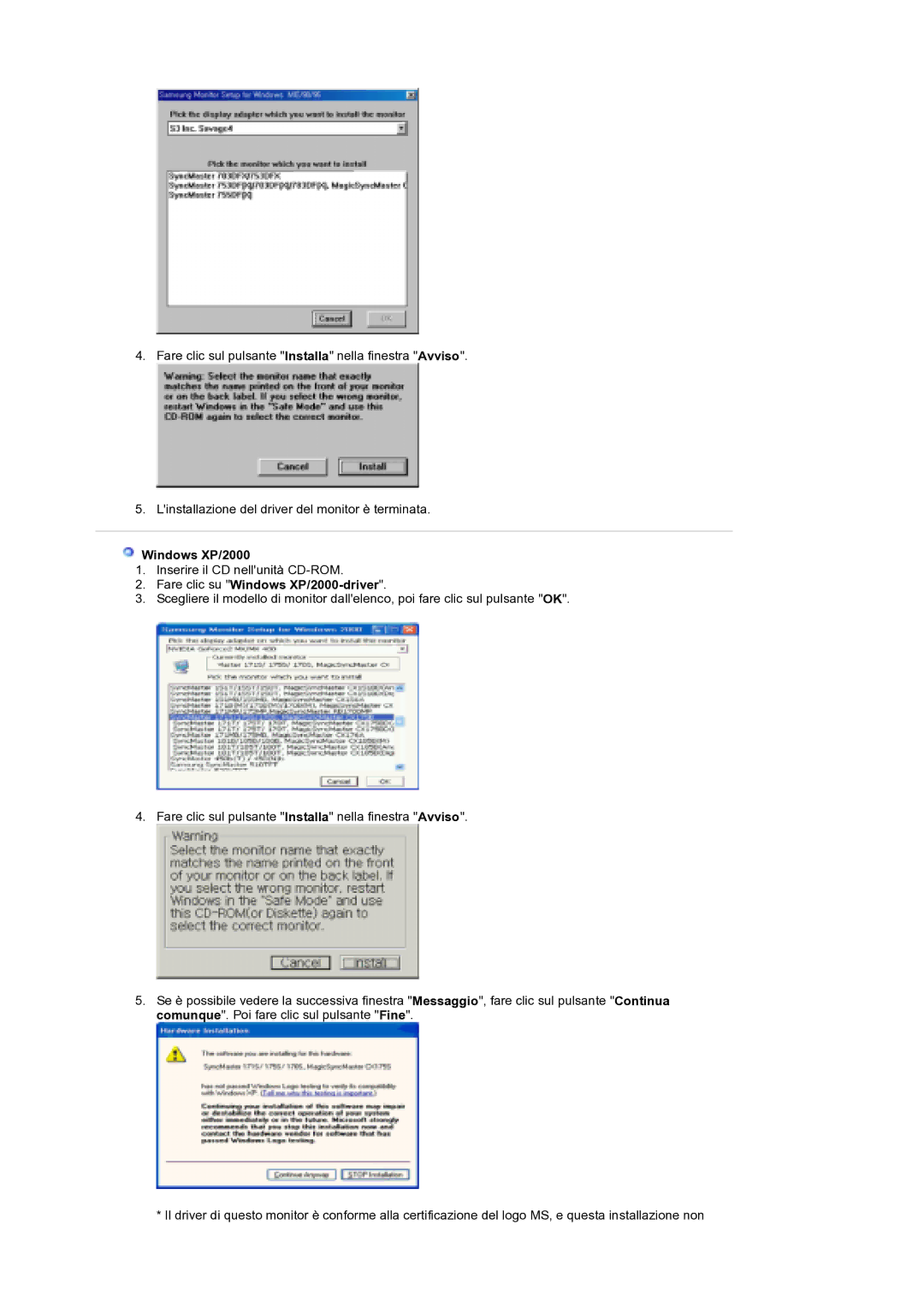 Samsung MH17WSSS/EDC manual Fare clic su Windows XP/2000-driver 