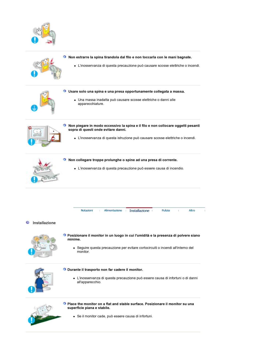 Samsung MH17WSSS/EDC manual Installazione, Durante il trasporto non far cadere il monitor 