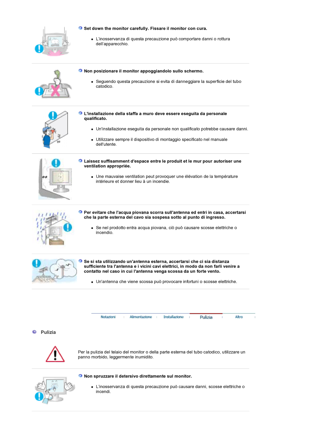 Samsung MH17WSSS/EDC manual Pulizia, Set down the monitor carefully. Fissare il monitor con cura 