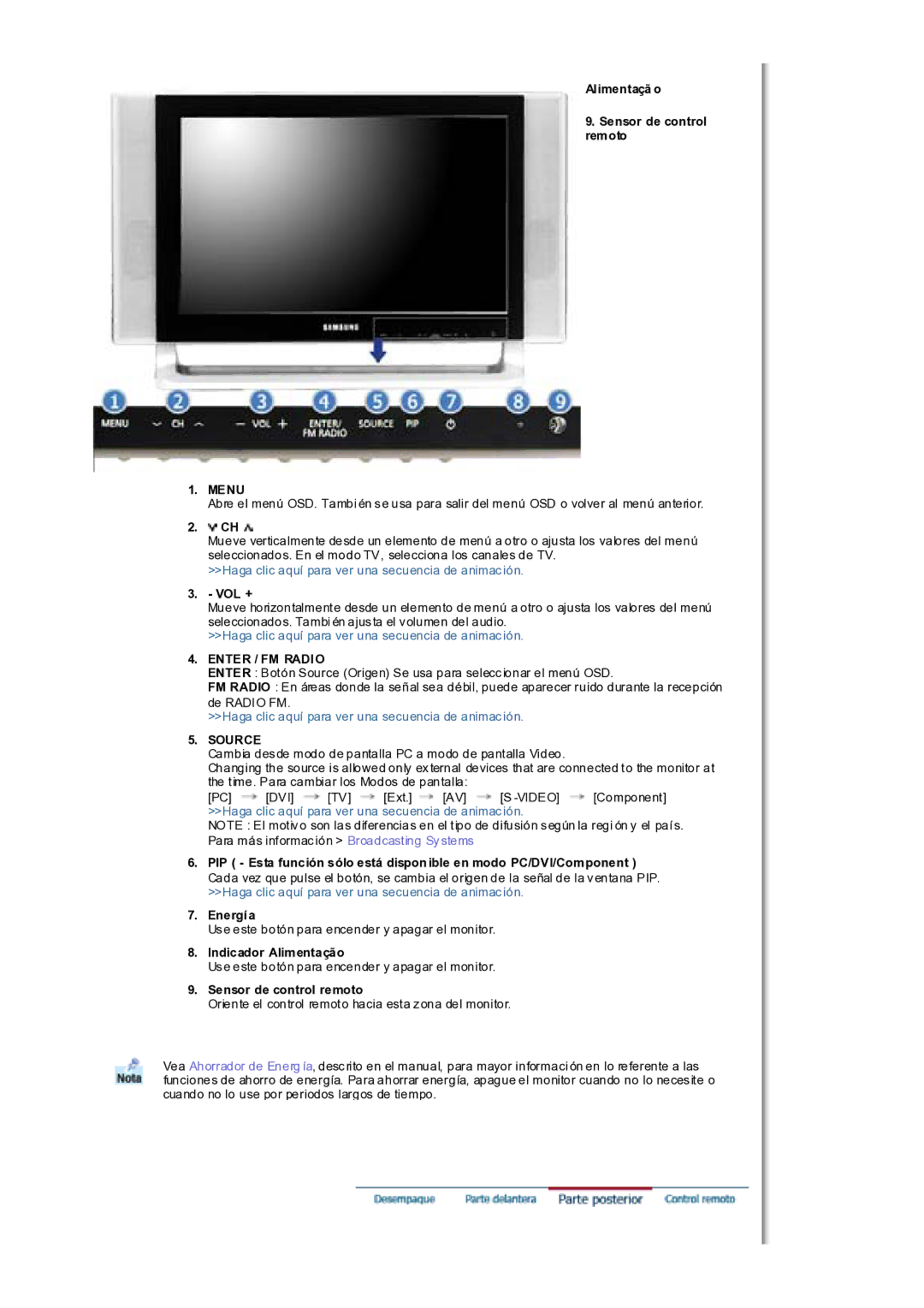 Samsung MH17WSSS/EDC manual Alimentaçã o Sensor de control remoto, Enter / FM Radio, Indicador Alimentação 