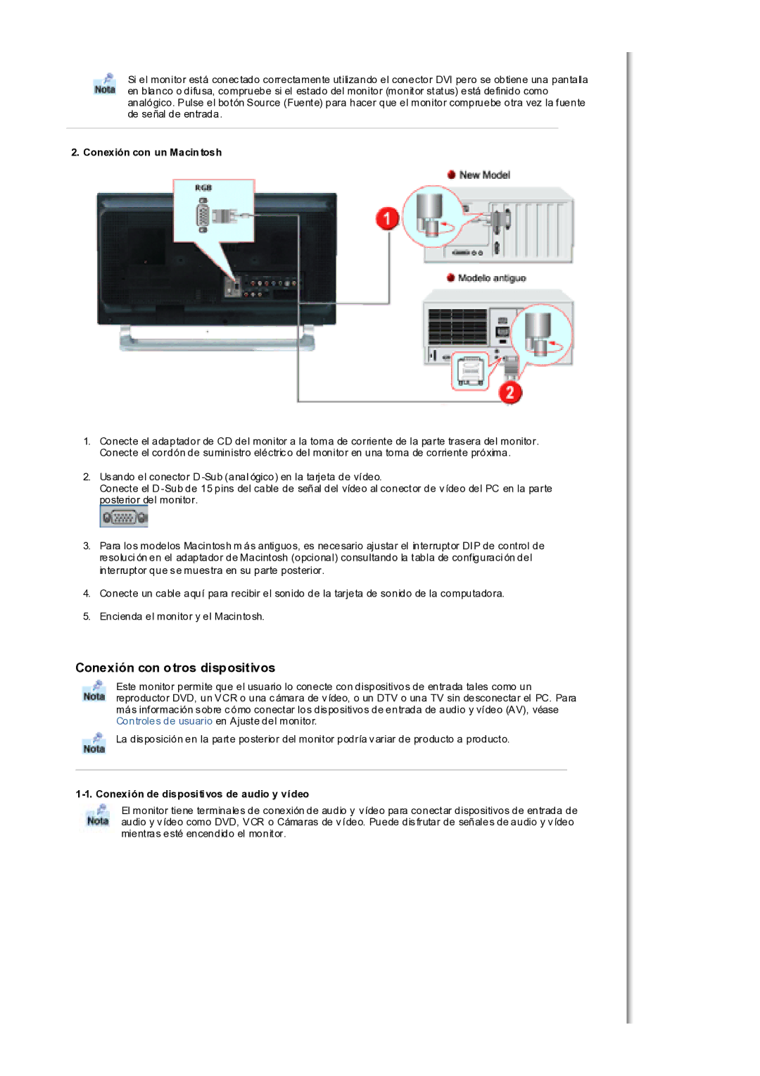 Samsung MH17WSSS/EDC manual Conexión con un Macintosh, Conexión de dispositivos de audio y vídeo 