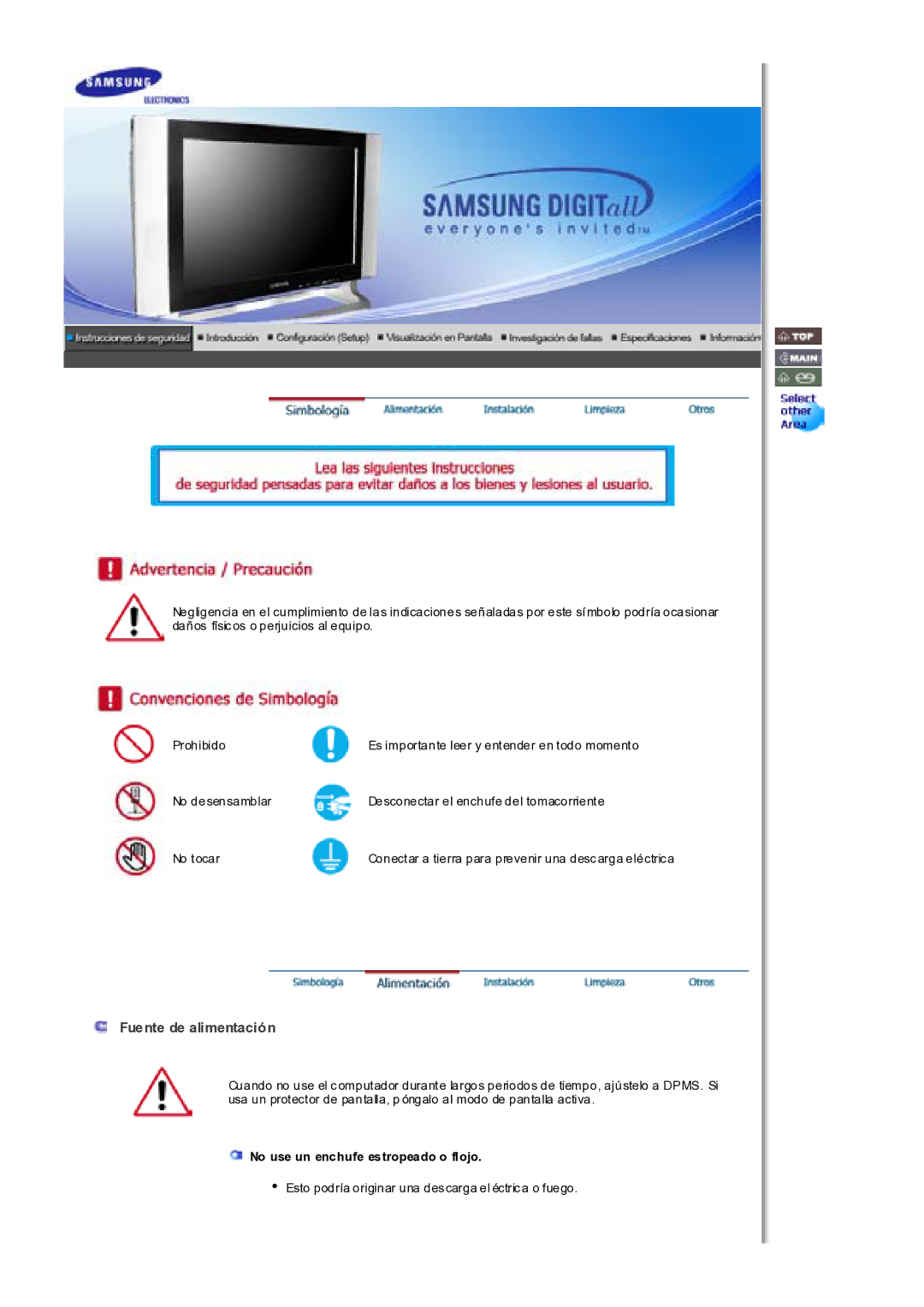 Samsung MH17WSSS/EDC manual Fuente de alimentación, No use un enchufe estropeado o flojo 