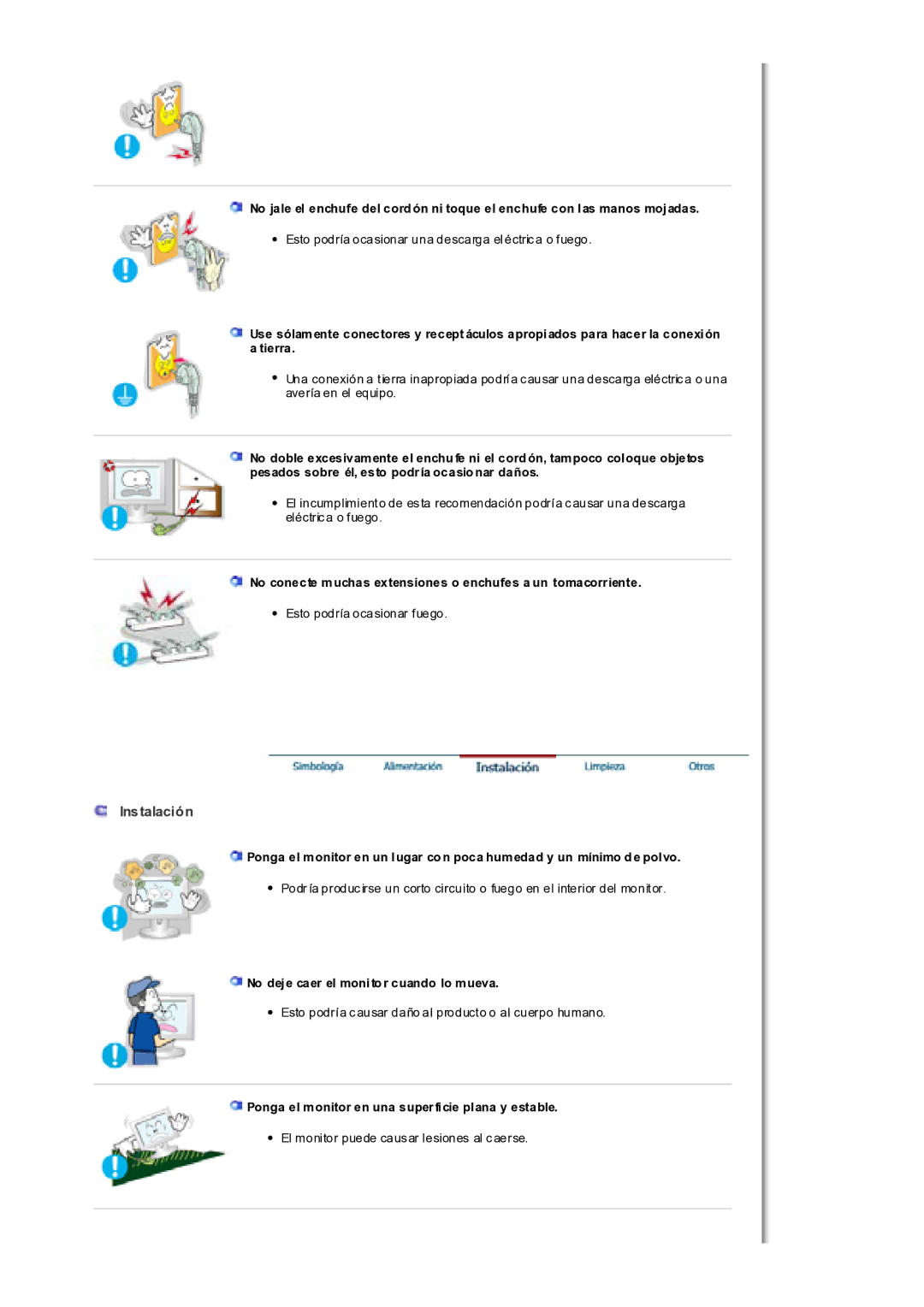 Samsung MH17WSSS/EDC manual Instalación, No conecte muchas extensiones o enchufes a un tomacorriente 