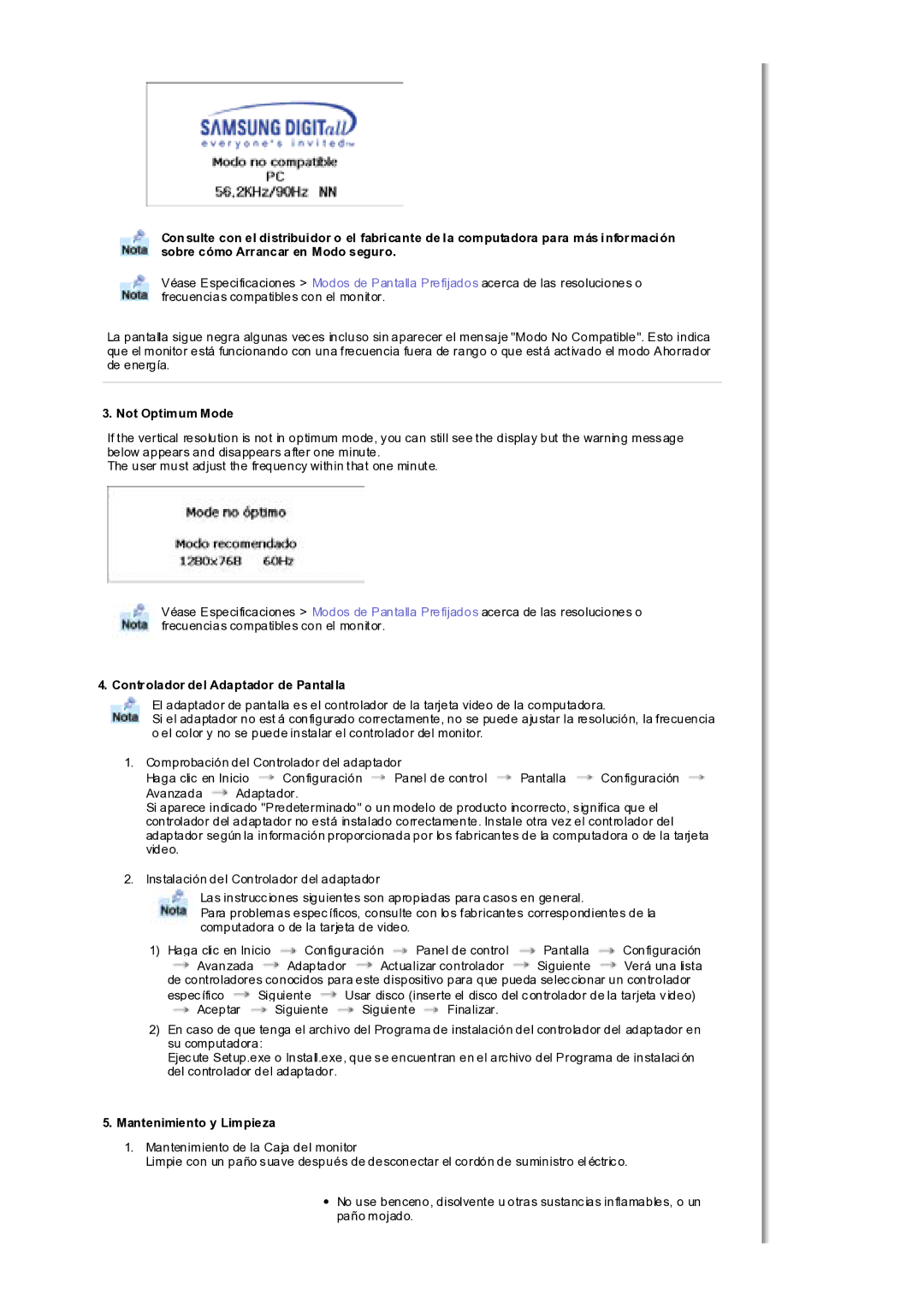 Samsung MH17WSSS/EDC manual Not Optimum Mode, Controlador del Adaptador de Pantalla, Mantenimiento y Limpieza 